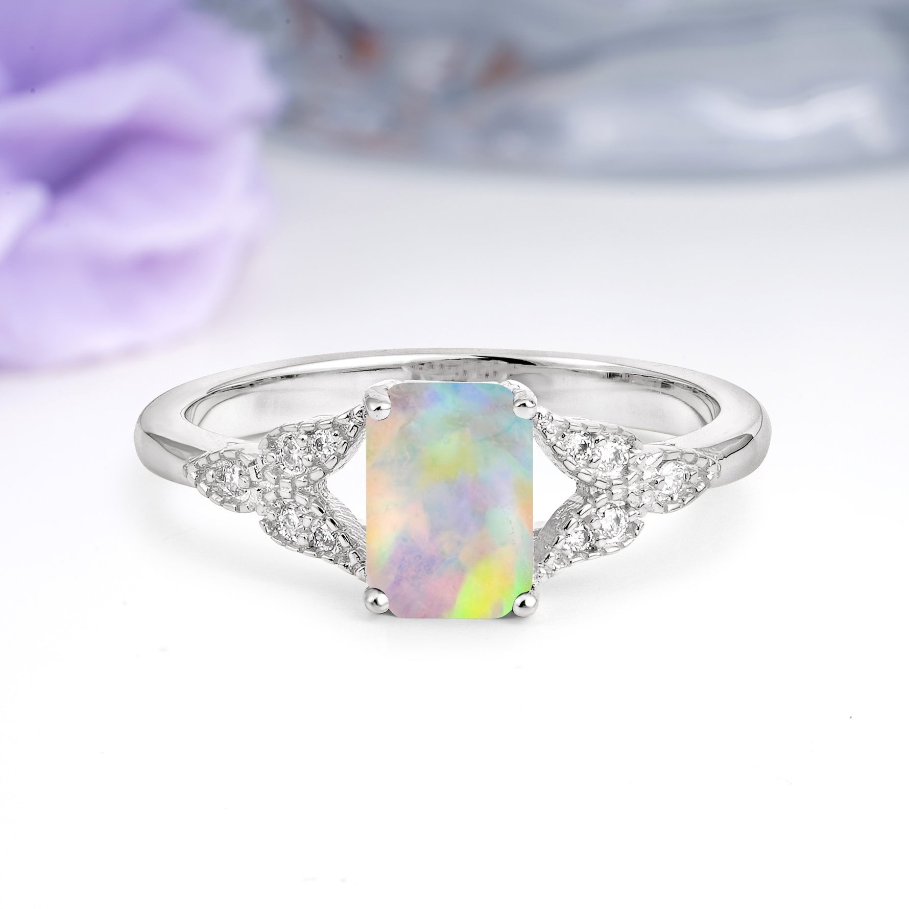 Classic Luxury 4 Prong Emerald Cut Fire Opal Wedding Ring - Additional view