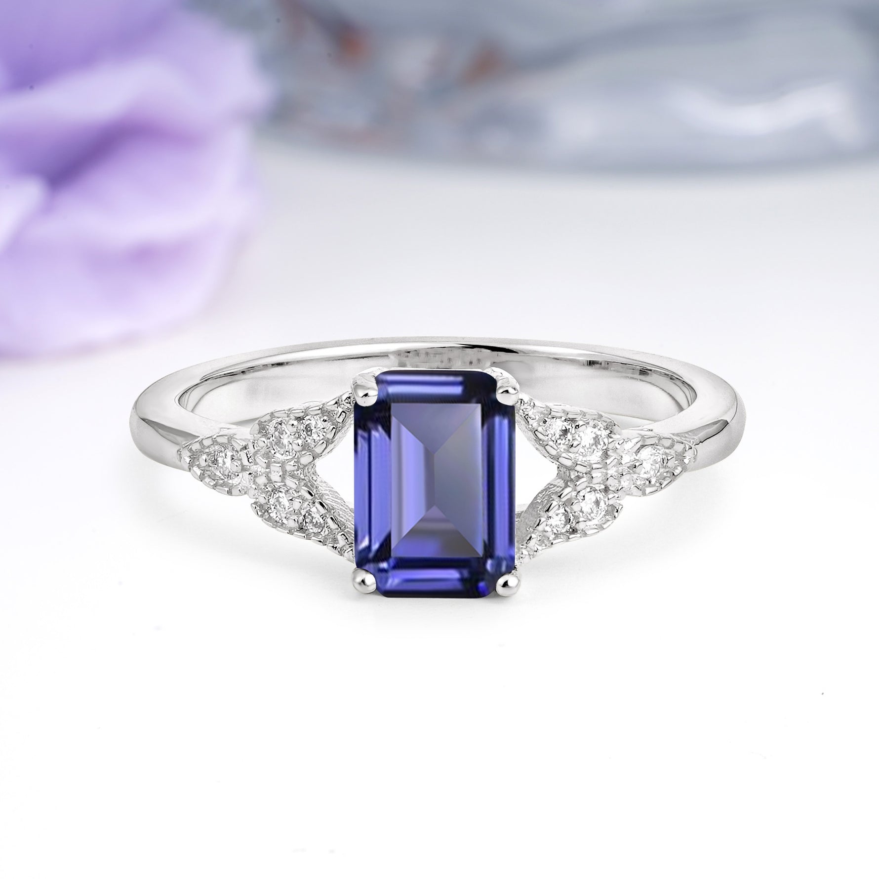 Classic Luxury 4 Prong Emerald Cut Tanzanite Wedding Ring - Additional view