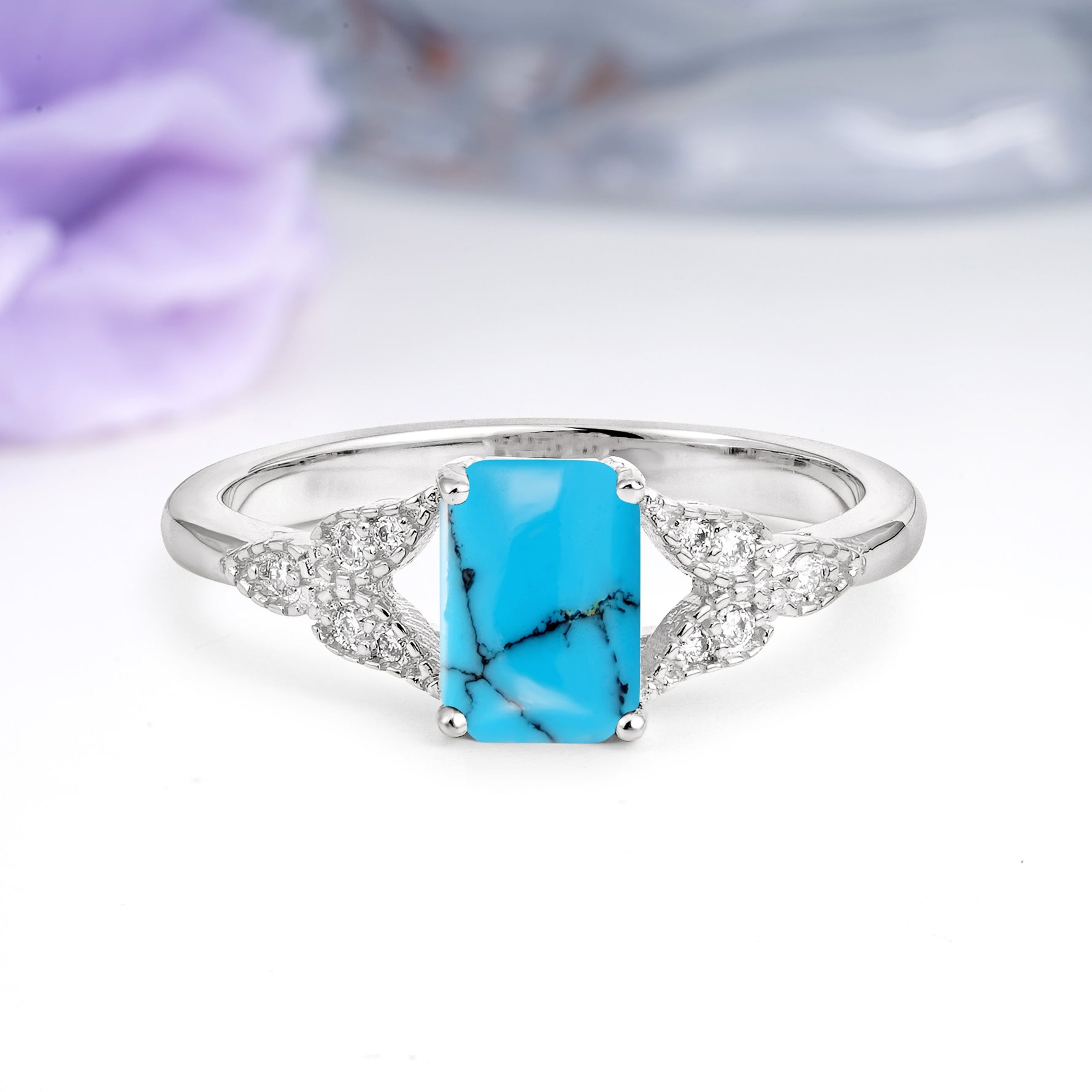 Classic Luxury 4 Prong Emerald Cut Turquoise Wedding Ring - Additional view