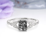 Classic Luxury 4 Prong Emerald Cut Black Rutilated Quartz Wedding Ring - Additional view