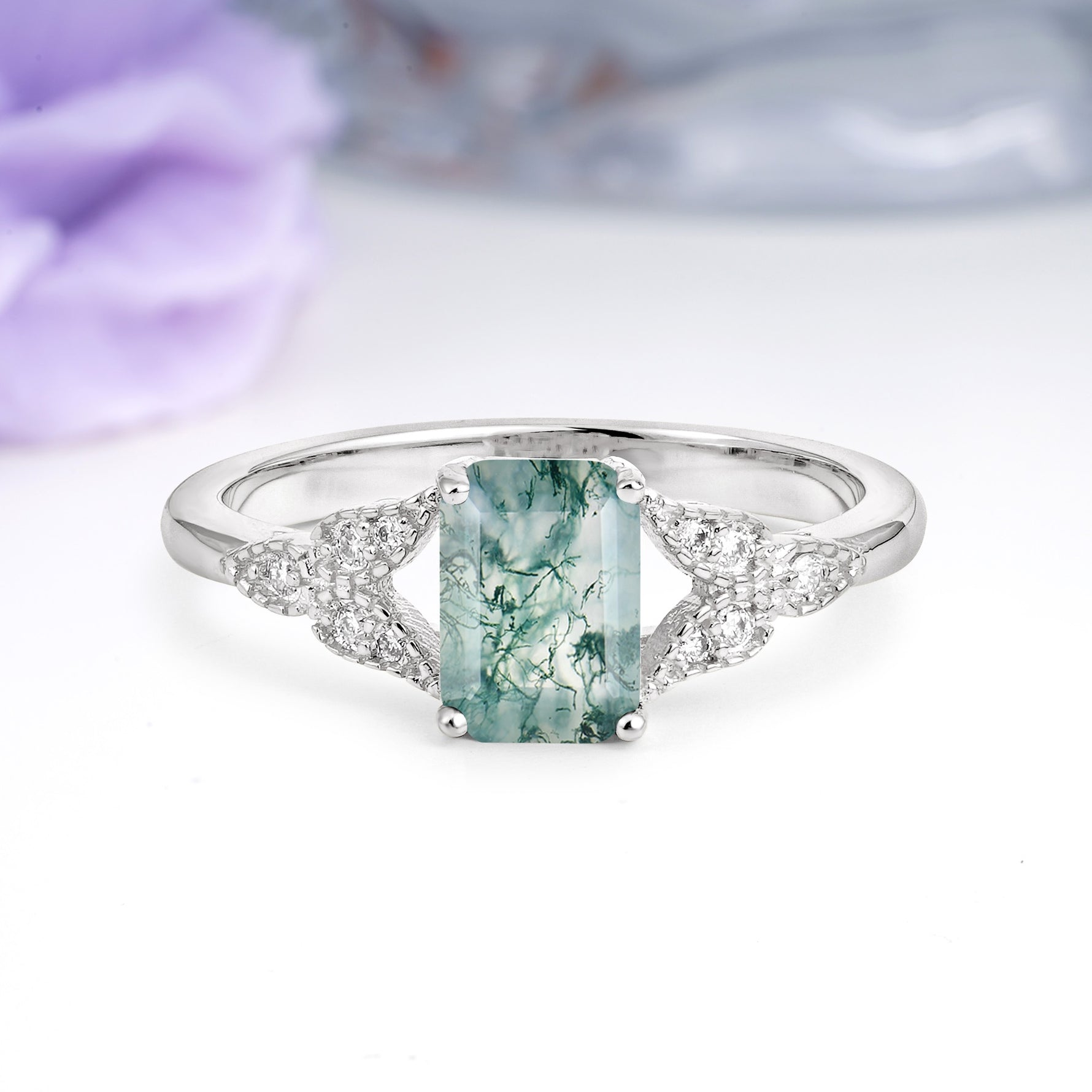 Classic Luxury 4 Prong Emerald Cut Moss Agate Wedding Ring - Additional view