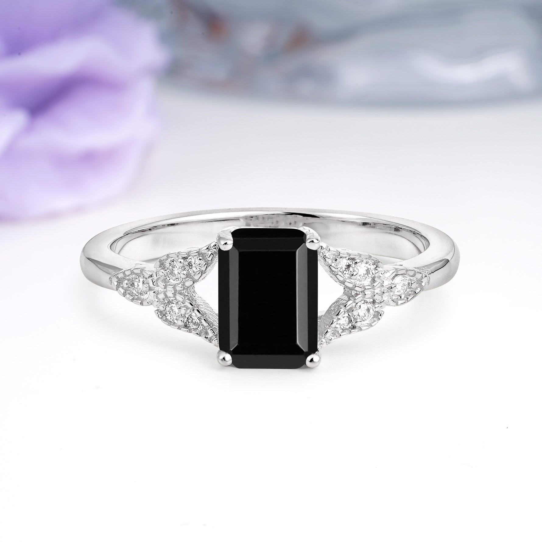 Classic Luxury 4 Prong Emerald Cut Black Onyx Wedding Ring - Additional view