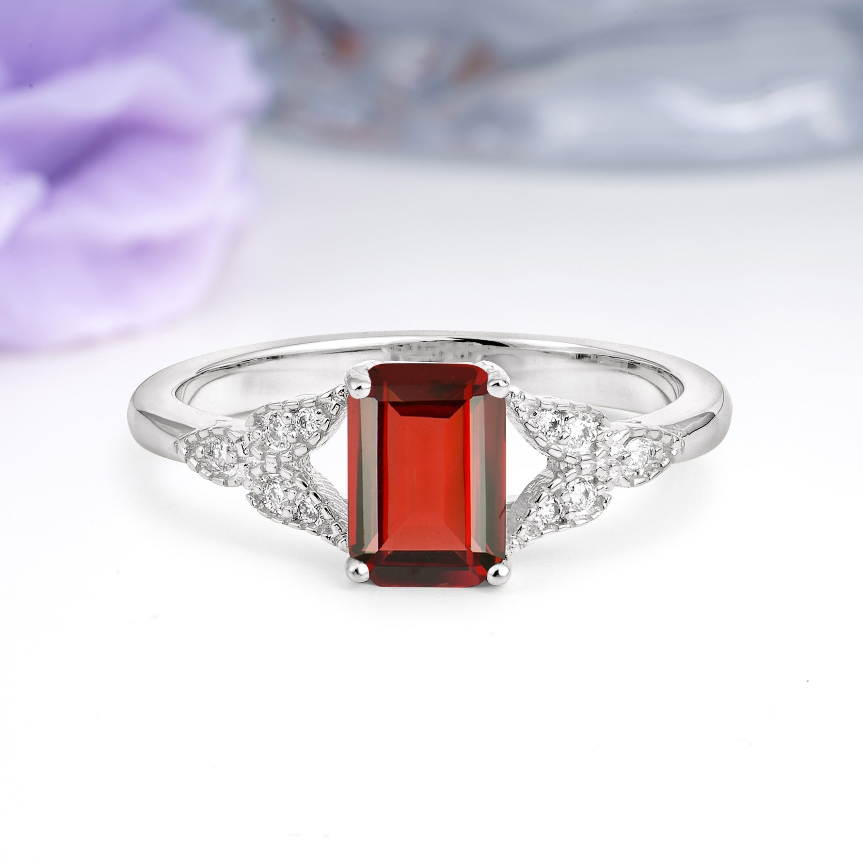 Classic Luxury 4 Prong Emerald Cut Garnet Wedding Ring - Additional view