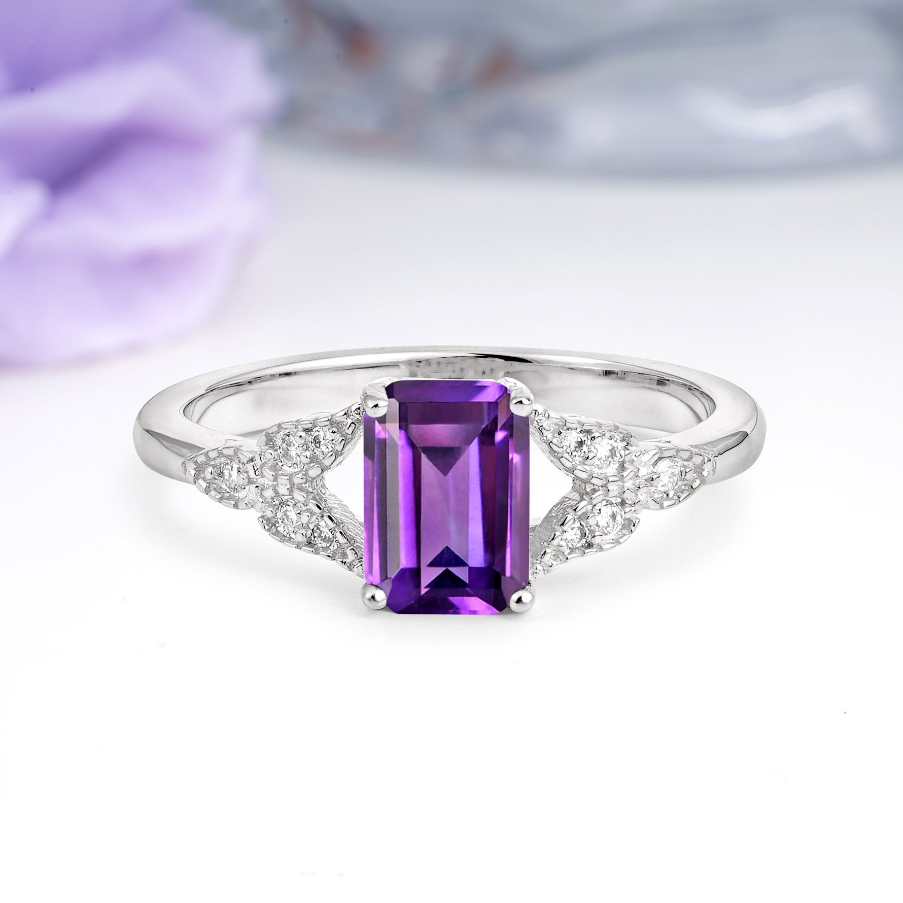 Classic Luxury 4 Prong Emerald Cut Amethyst Wedding Ring - Additional view