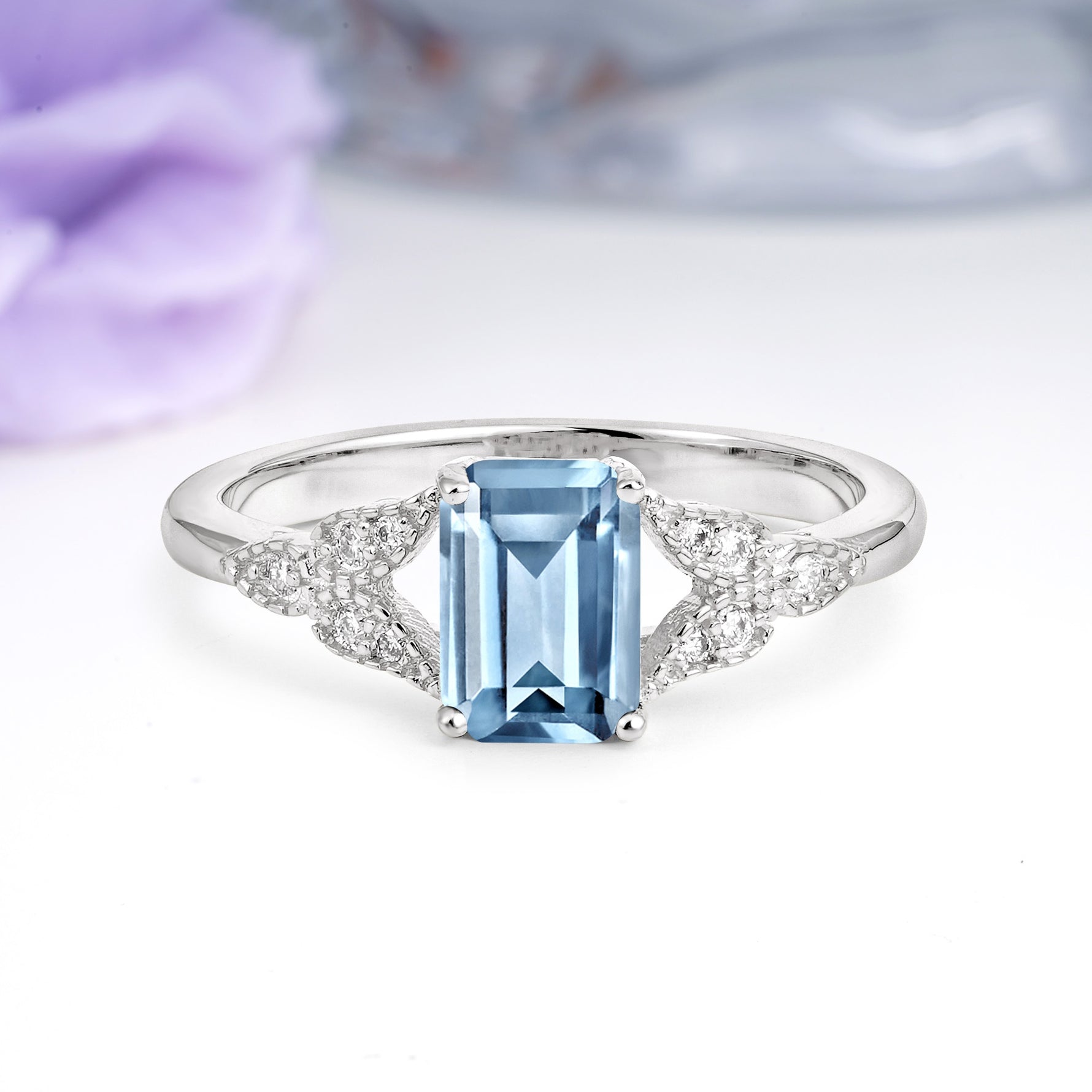 Classic Luxury 4 Prong Emerald Cut Aquamarine Wedding Ring - Additional view