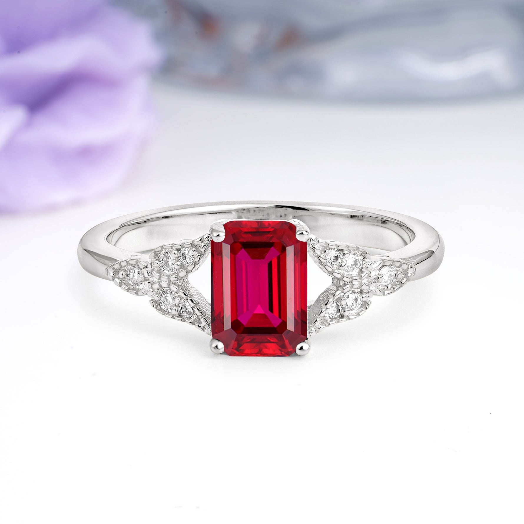 Classic Luxury 4 Prong Emerald Cut Ruby Wedding Ring - Additional view