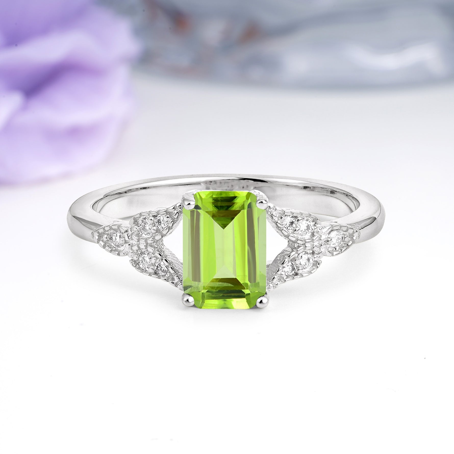 Classic Luxury 4 Prong Emerald Cut Peridot Wedding Ring - Additional view