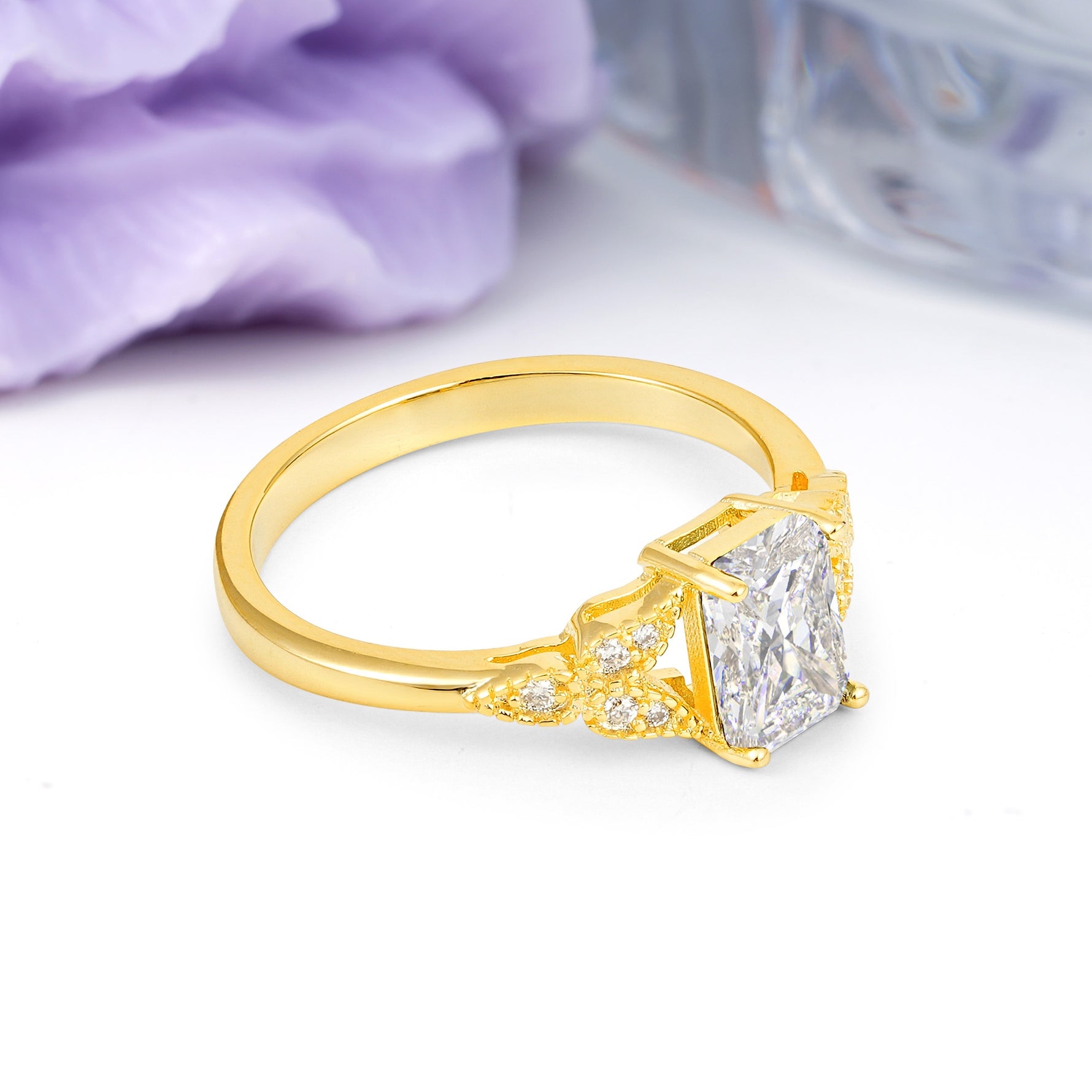 Classic Luxury 4 Prong Emerald Cut Moissanite Wedding Ring - Additional view