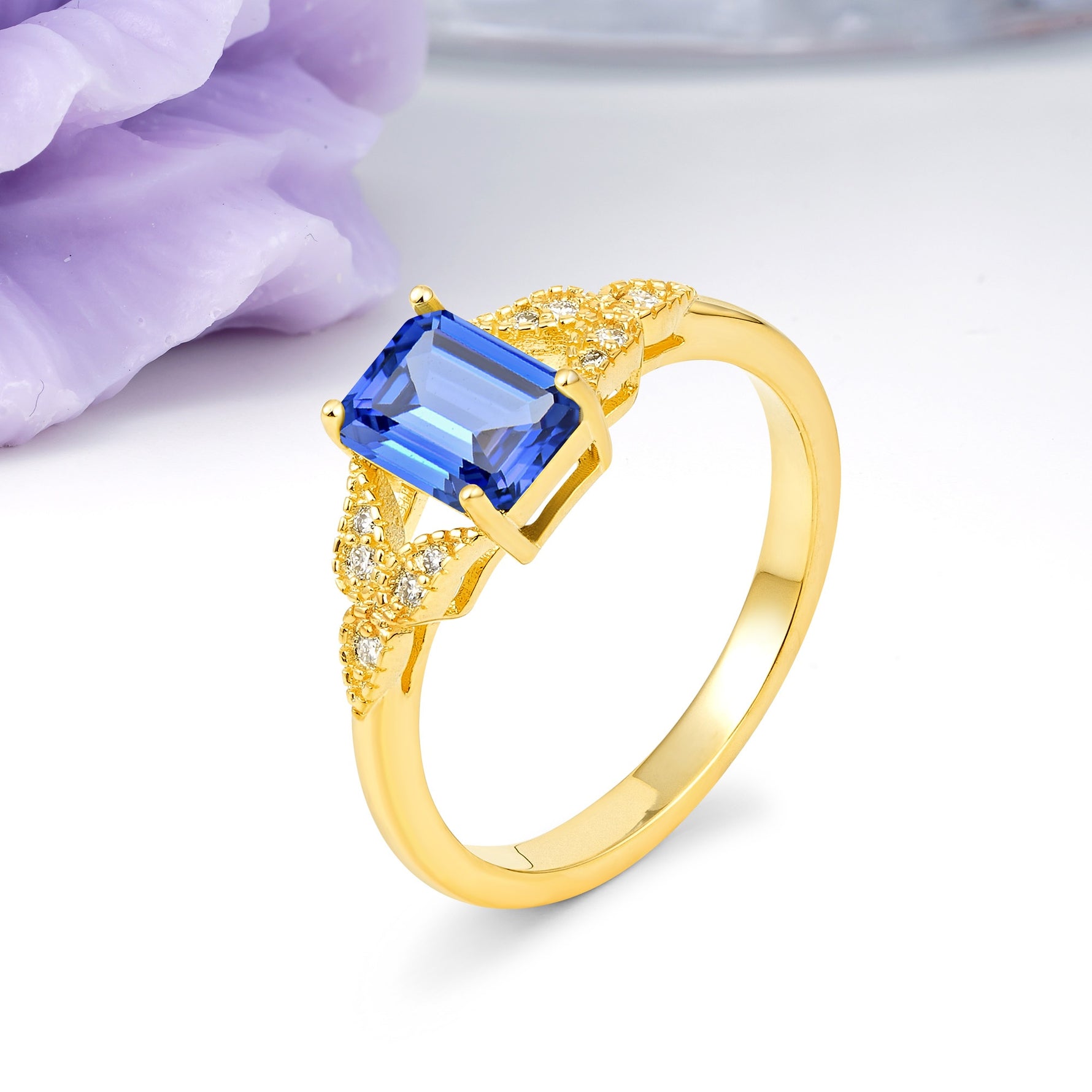 Classic Luxury 4 Prong Emerald Cut Sapphire Wedding Ring - Additional view