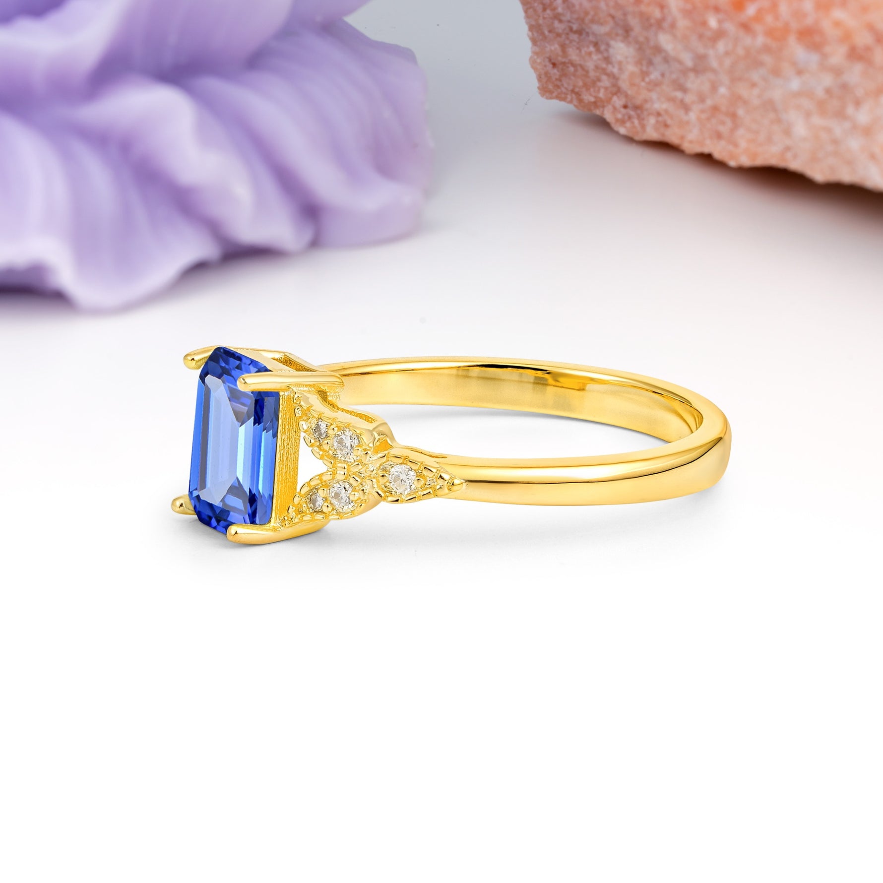 Classic Luxury 4 Prong Emerald Cut Sapphire Wedding Ring - Additional view