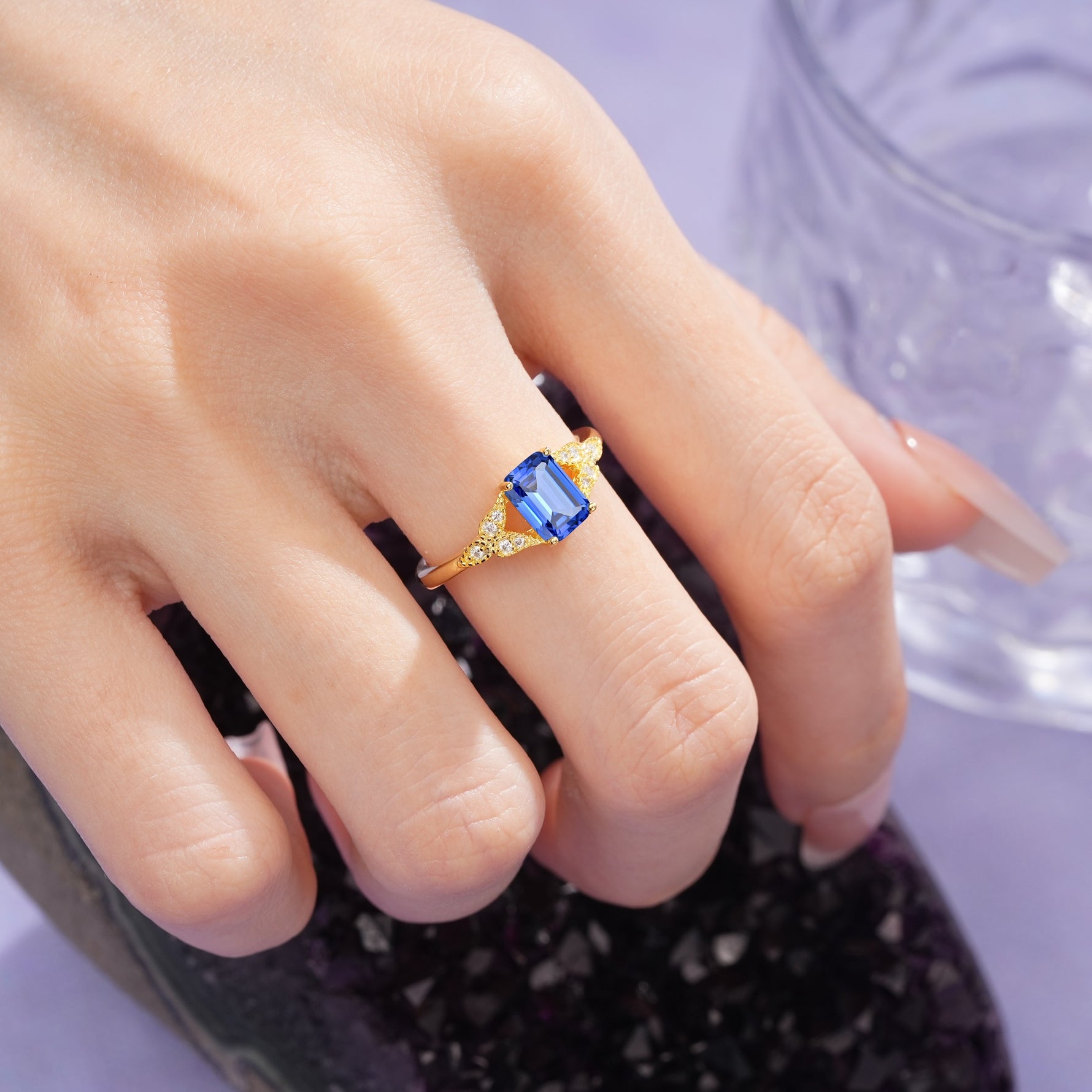 Classic Luxury 4 Prong Emerald Cut Sapphire Wedding Ring - Additional view