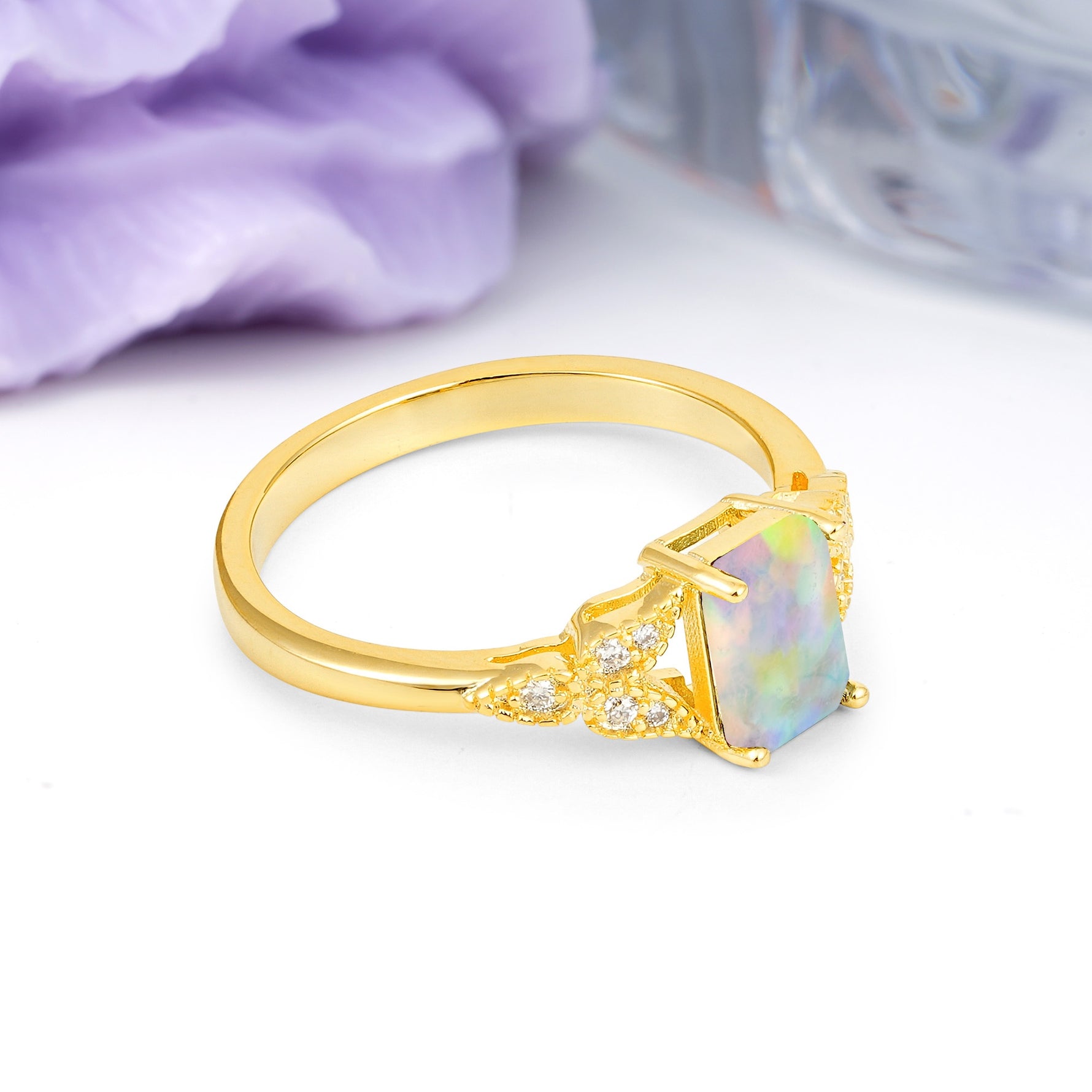 Classic Luxury 4 Prong Emerald Cut Fire Opal Wedding Ring - Additional view