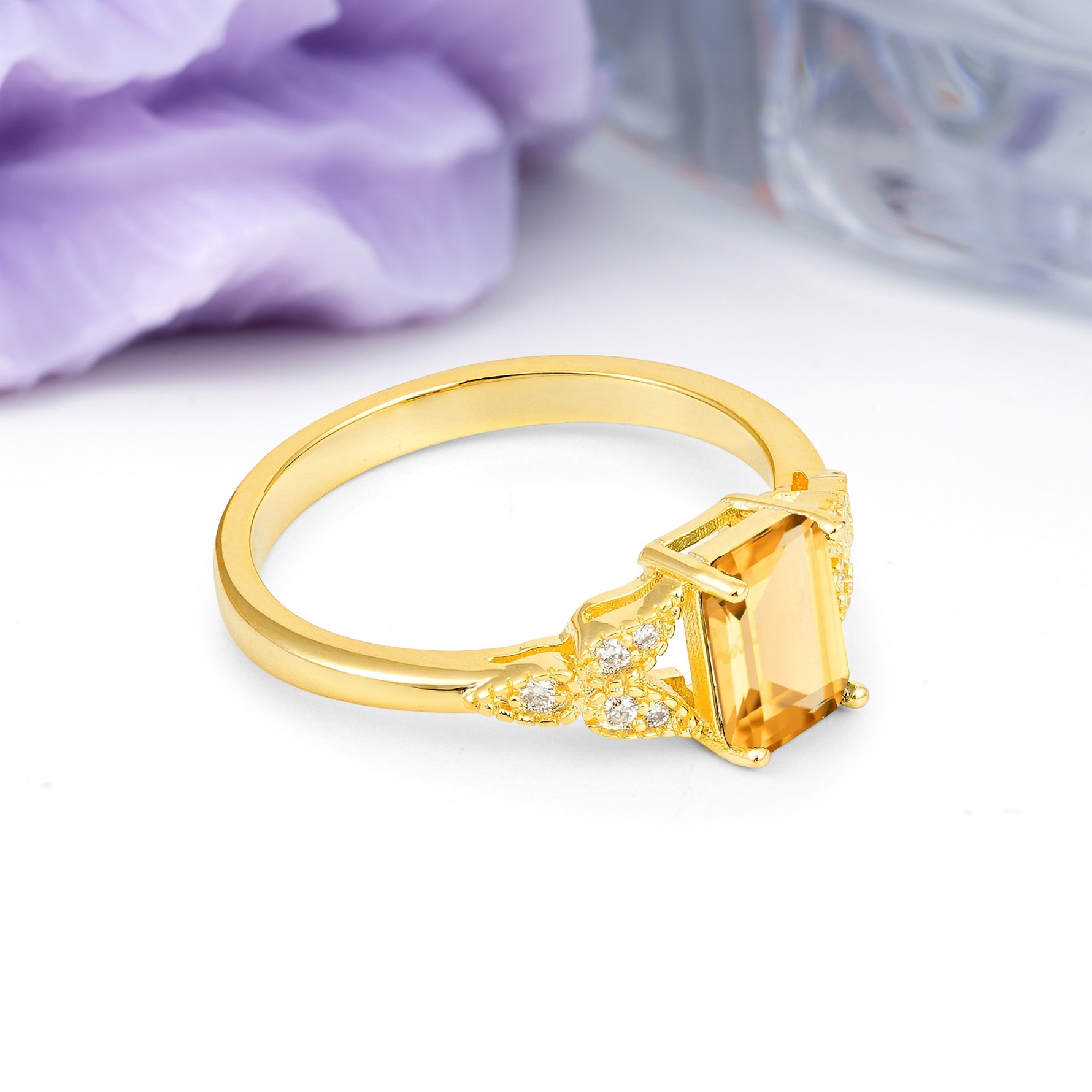 Classic Luxury 4 Prong Emerald Cut Citrine Wedding Ring - Additional view