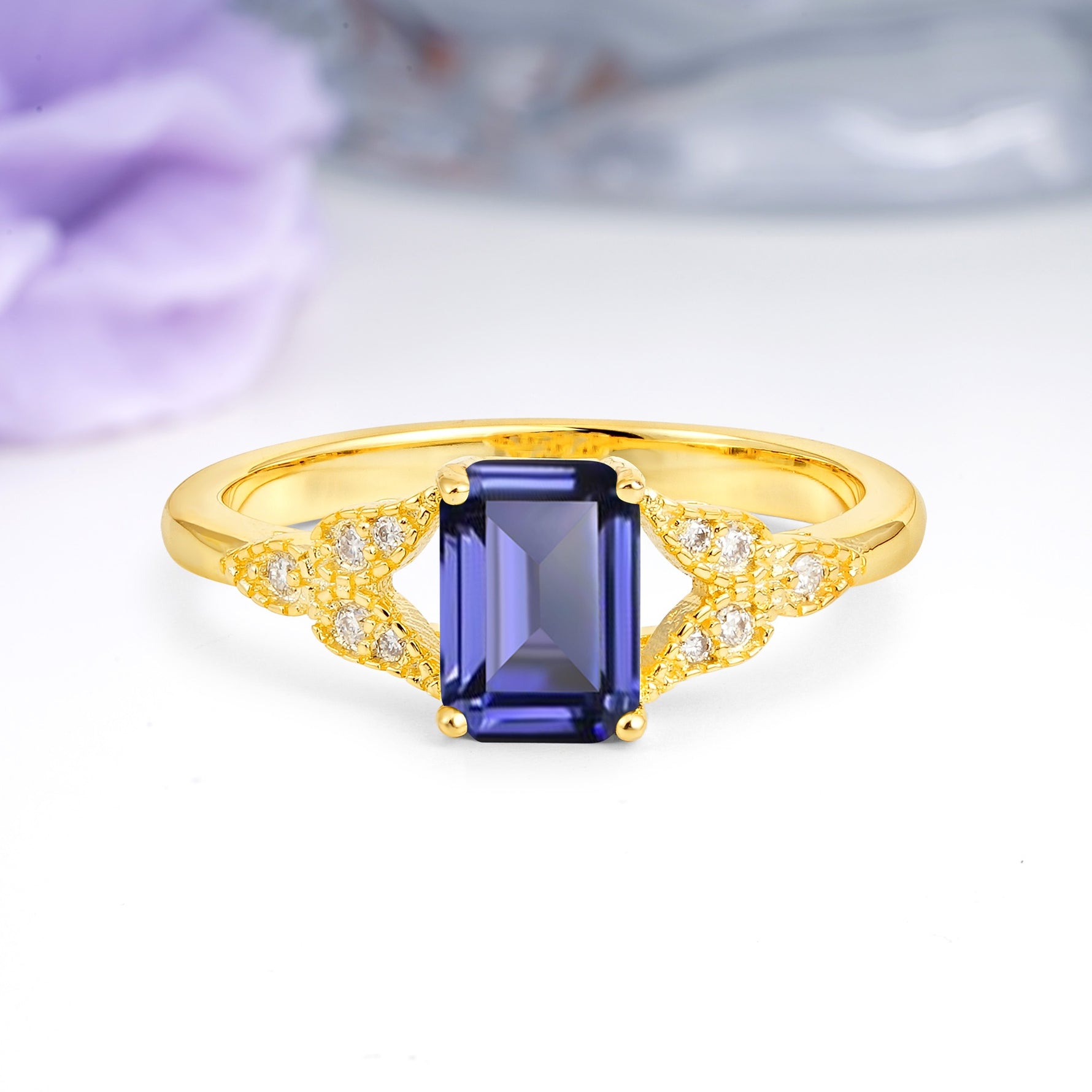Classic Luxury 4 Prong Emerald Cut Tanzanite Wedding Ring - Additional view