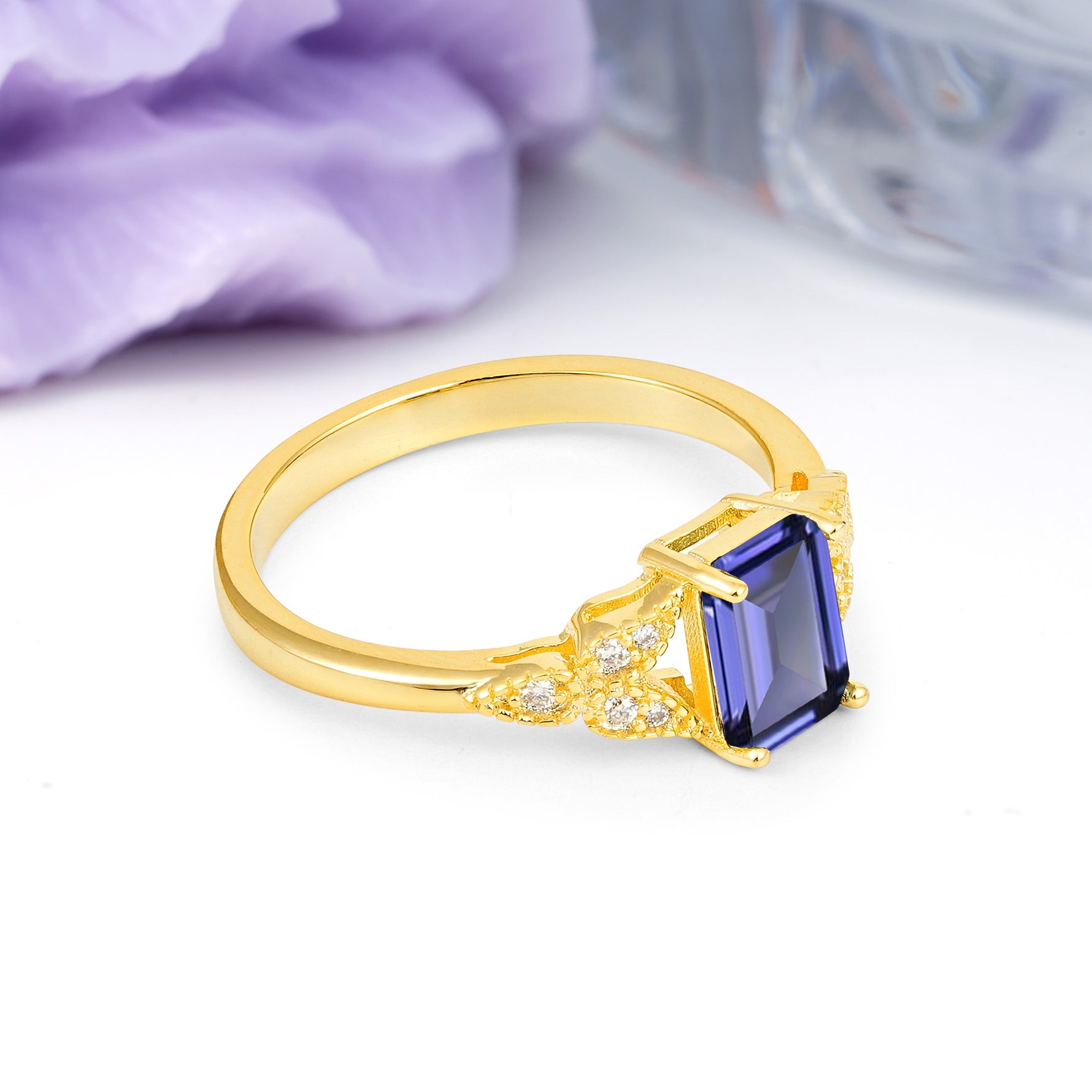 Classic Luxury 4 Prong Emerald Cut Tanzanite Wedding Ring - Additional view