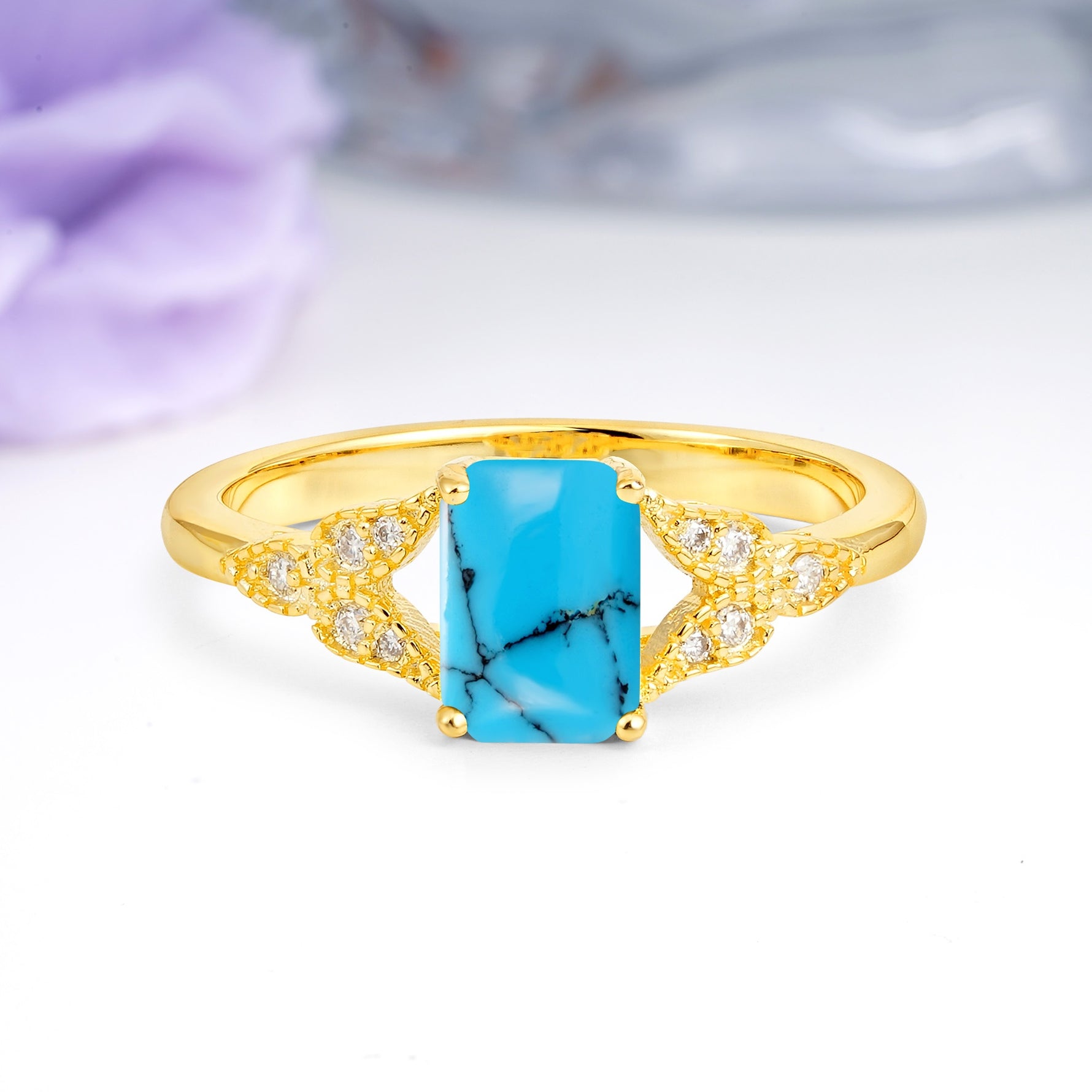 Classic Luxury 4 Prong Emerald Cut Turquoise Wedding Ring - Additional view