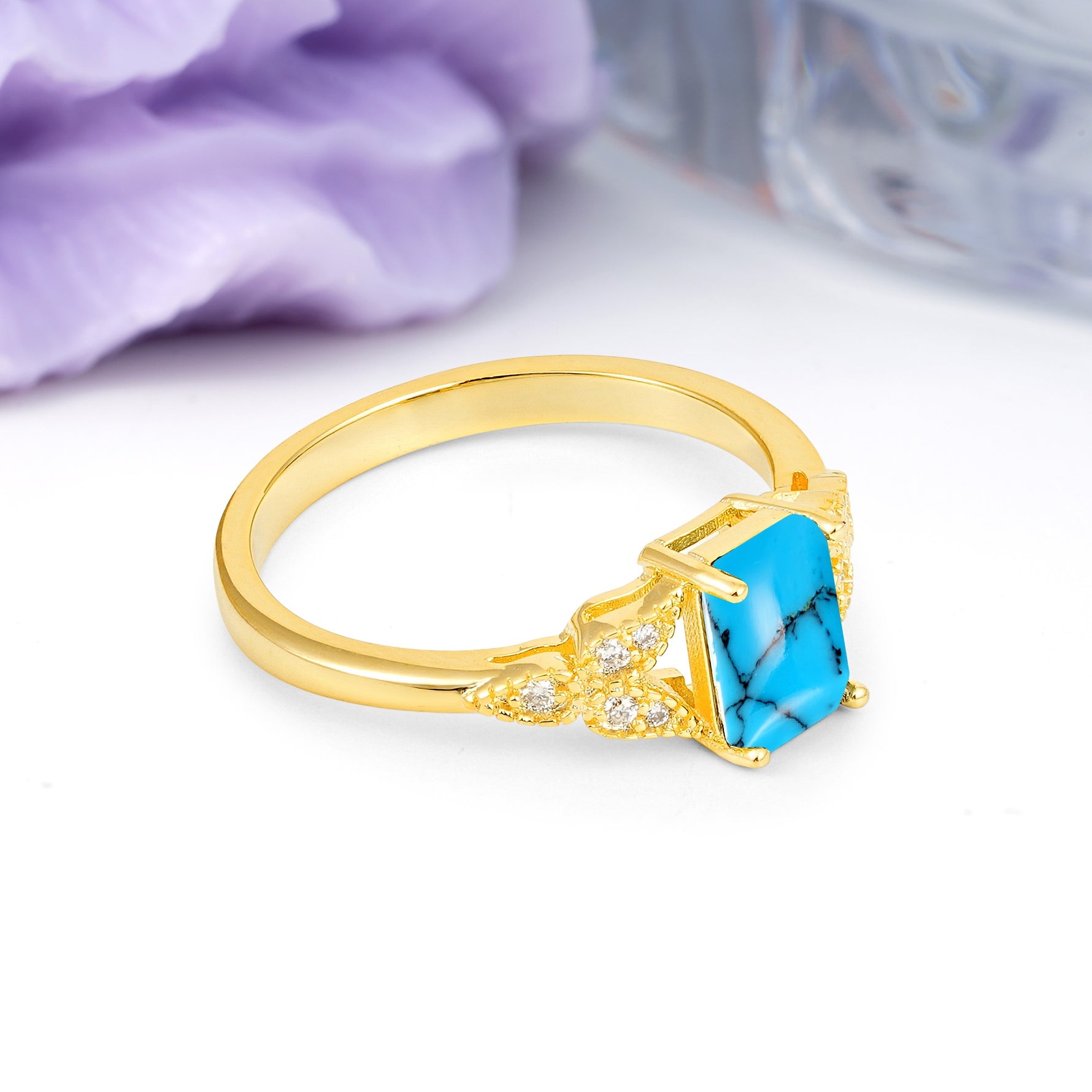 Classic Luxury 4 Prong Emerald Cut Turquoise Wedding Ring - Additional view