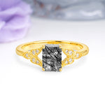 Classic Luxury 4 Prong Emerald Cut Black Rutilated Quartz Wedding Ring - Additional view