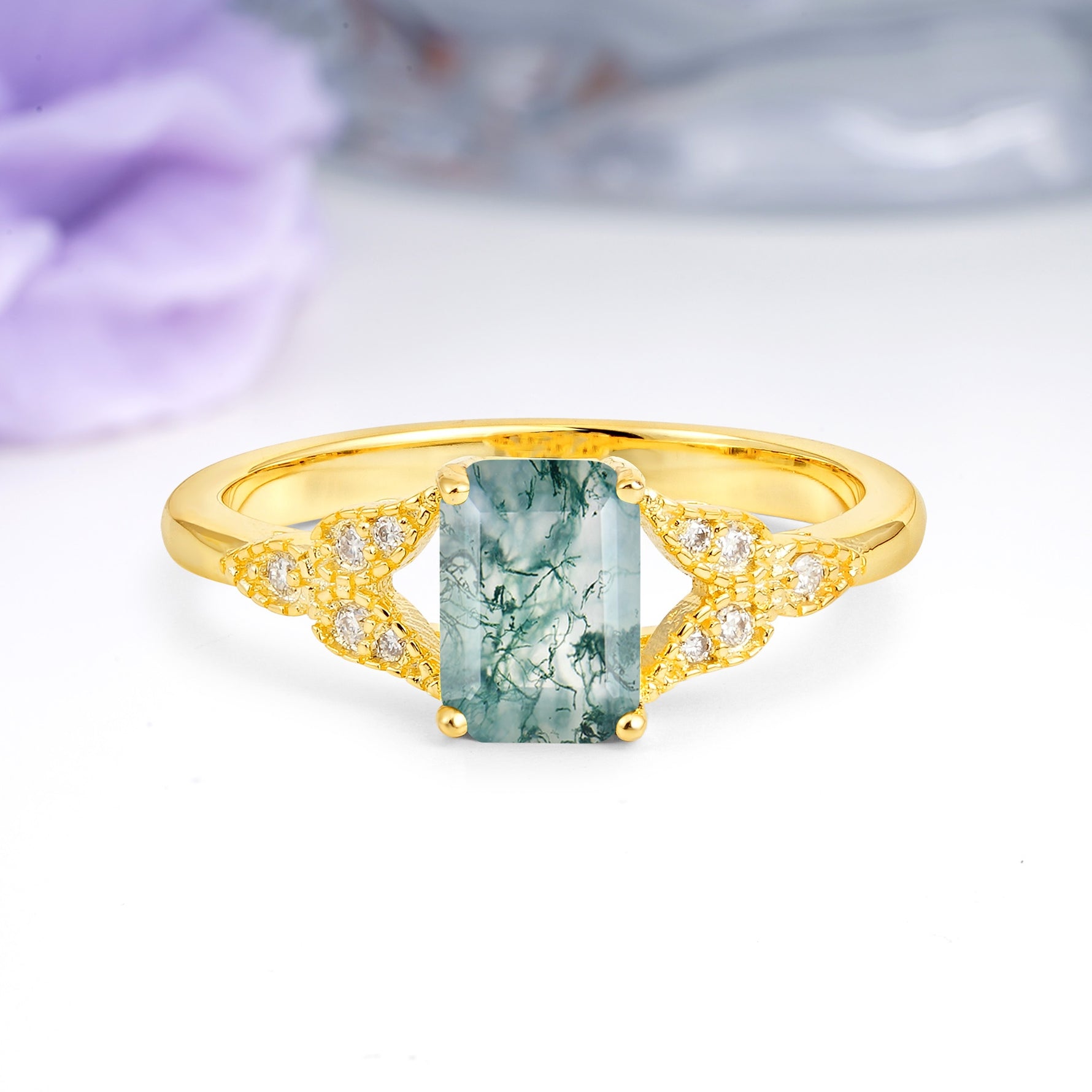 Classic Luxury 4 Prong Emerald Cut Moss Agate Wedding Ring - Additional view