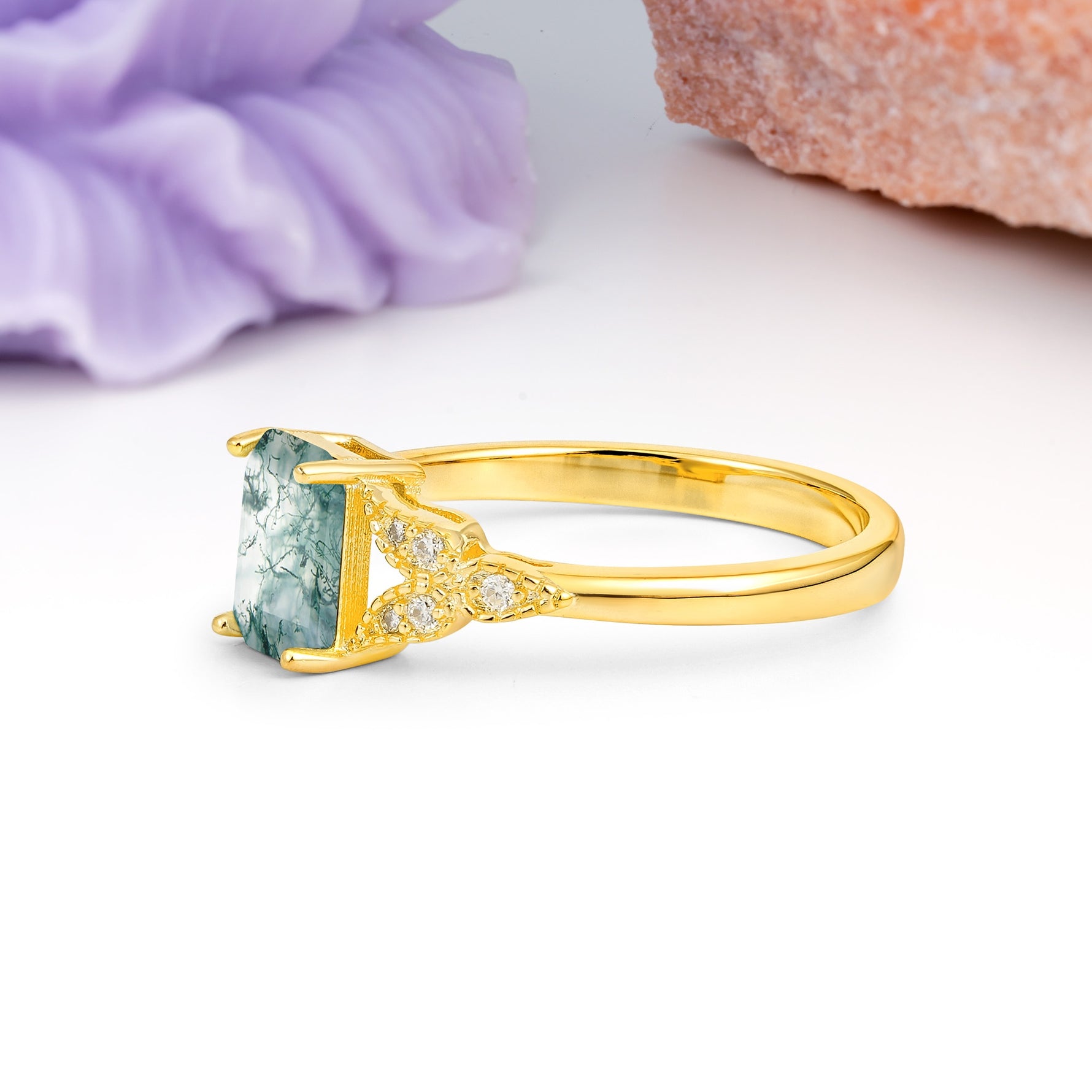 Classic Luxury 4 Prong Emerald Cut Moss Agate Wedding Ring - Additional view