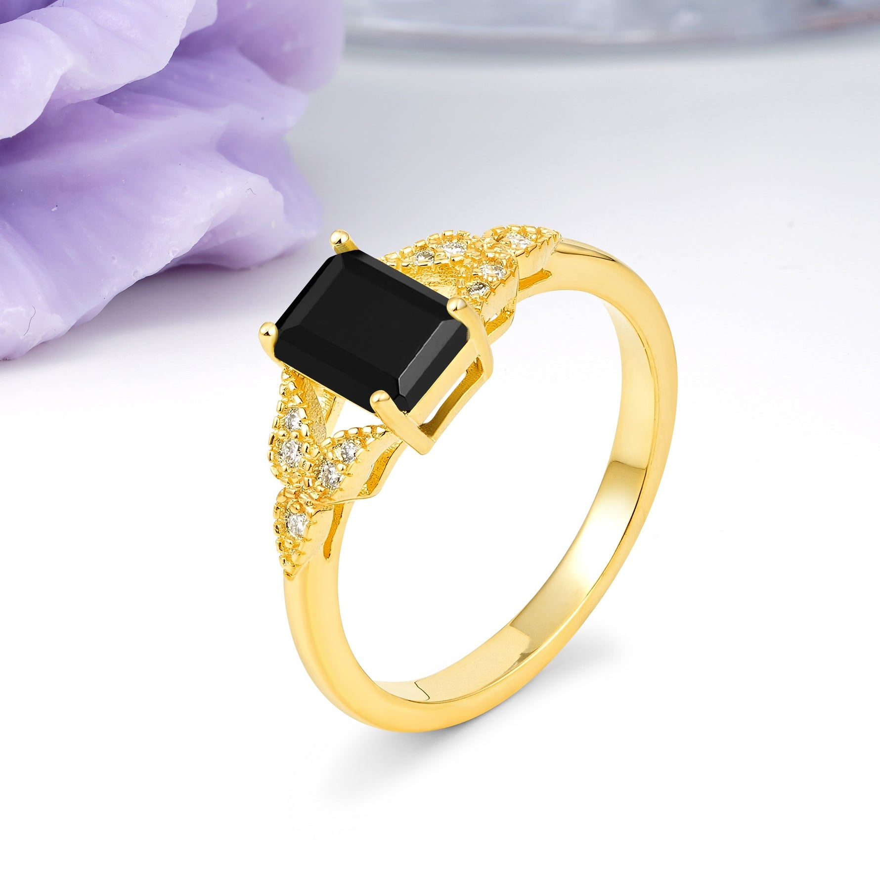 Classic Luxury 4 Prong Emerald Cut Black Onyx Wedding Ring - Additional view