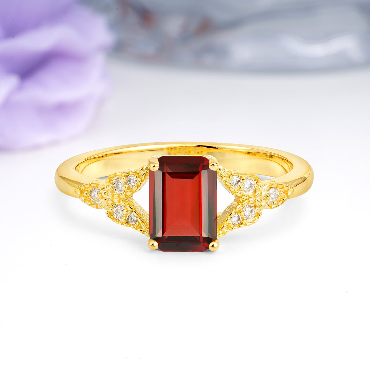 Classic Luxury 4 Prong Emerald Cut Garnet Wedding Ring - Additional view