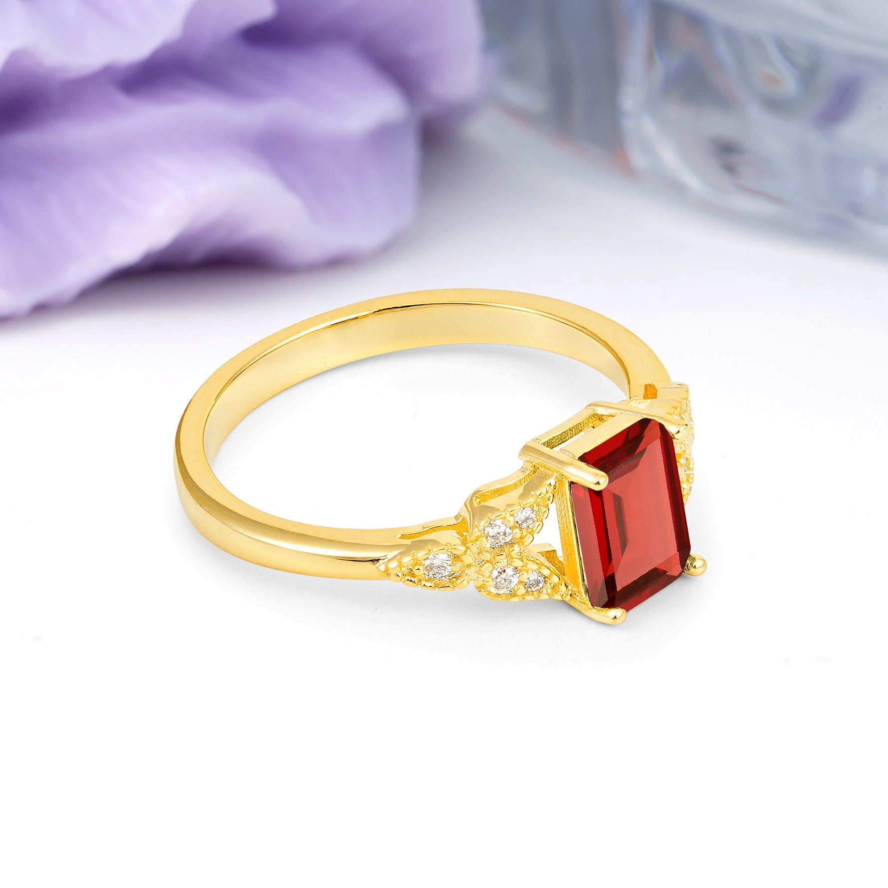 Classic Luxury 4 Prong Emerald Cut Garnet Wedding Ring - Additional view
