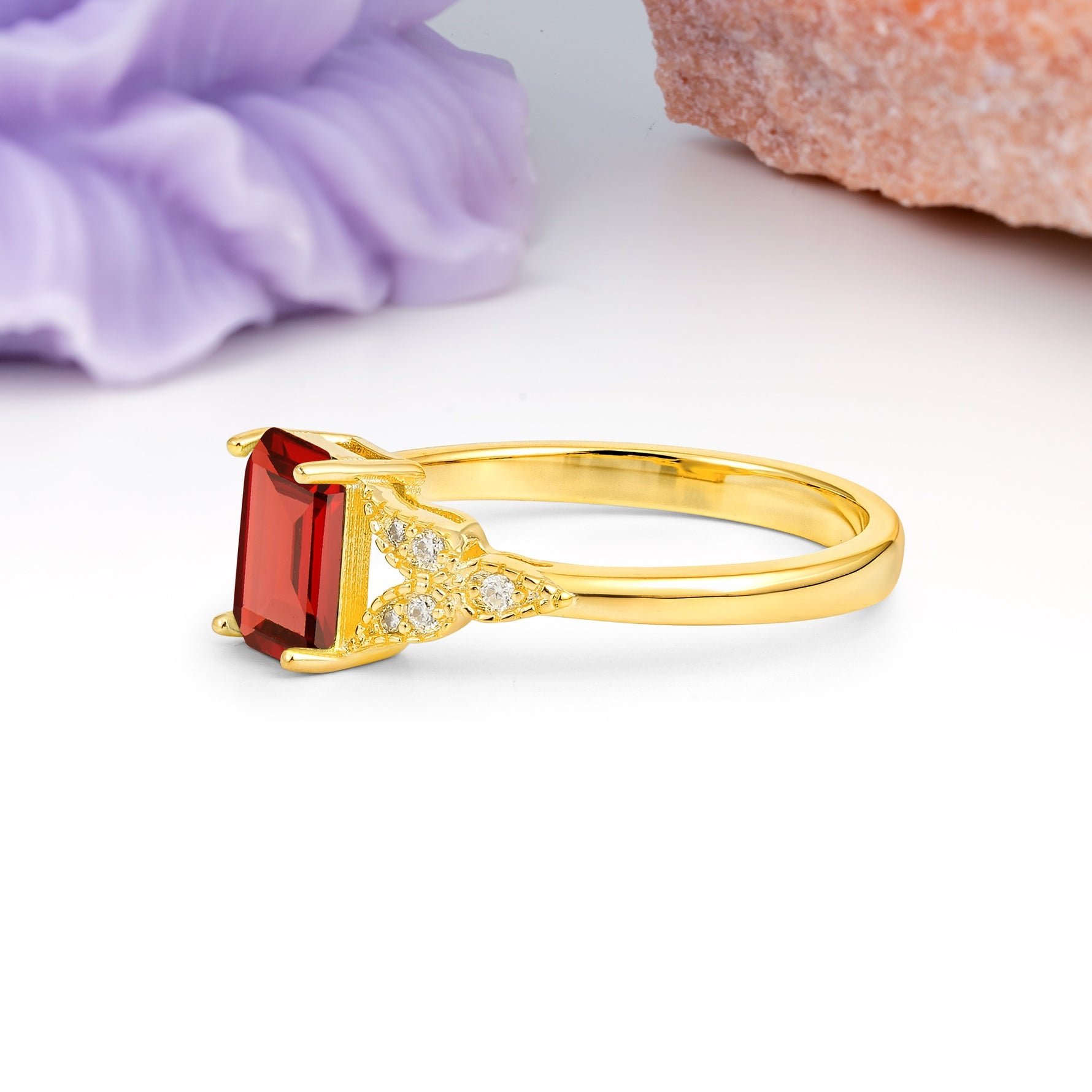 Classic Luxury 4 Prong Emerald Cut Garnet Wedding Ring - Additional view
