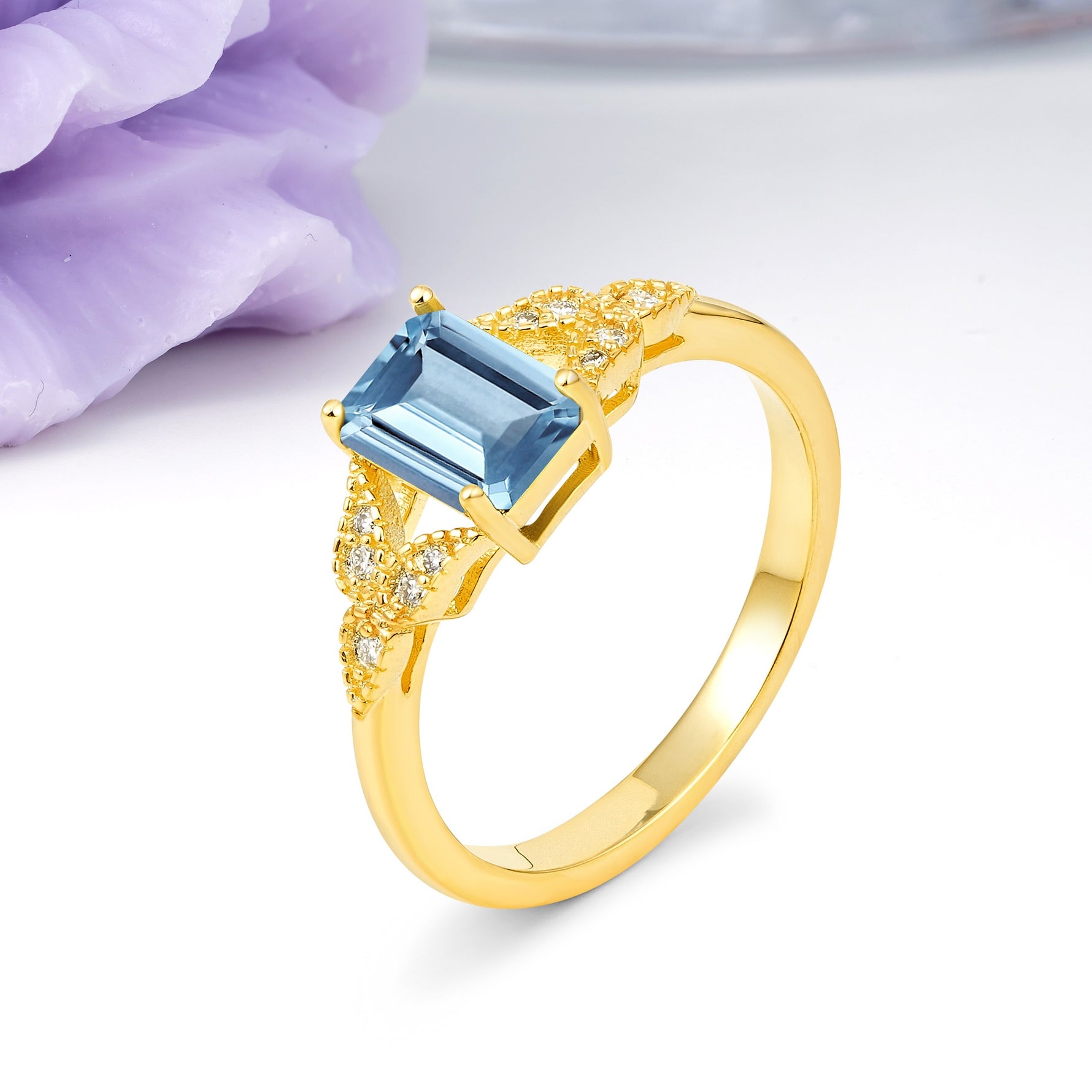 Classic Luxury 4 Prong Emerald Cut Aquamarine Wedding Ring - Additional view