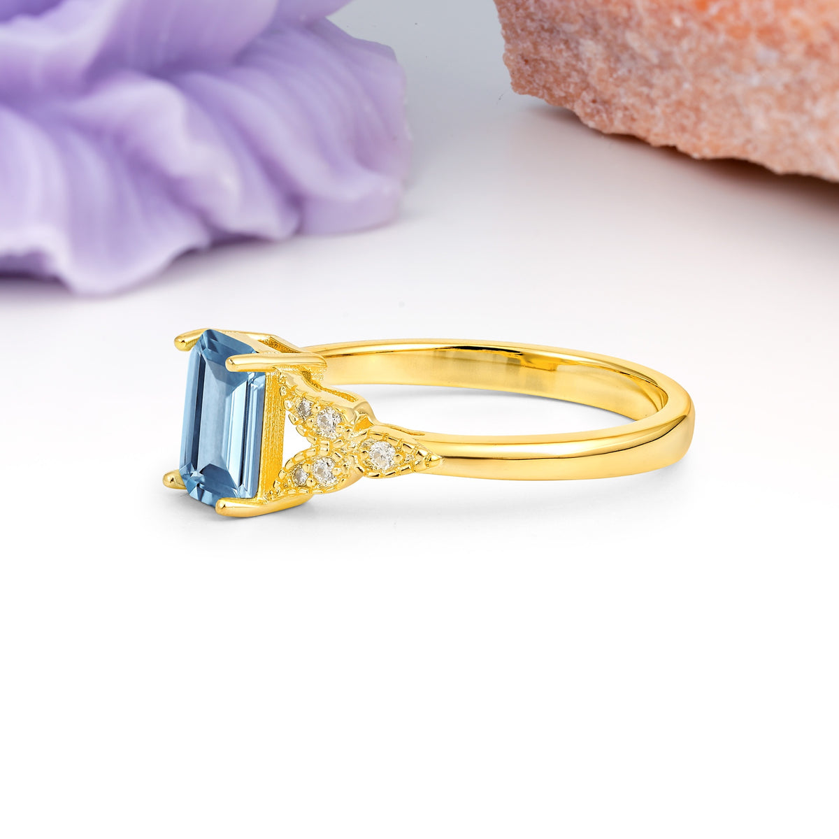 Classic Luxury 4 Prong Emerald Cut Aquamarine Wedding Ring - Additional view