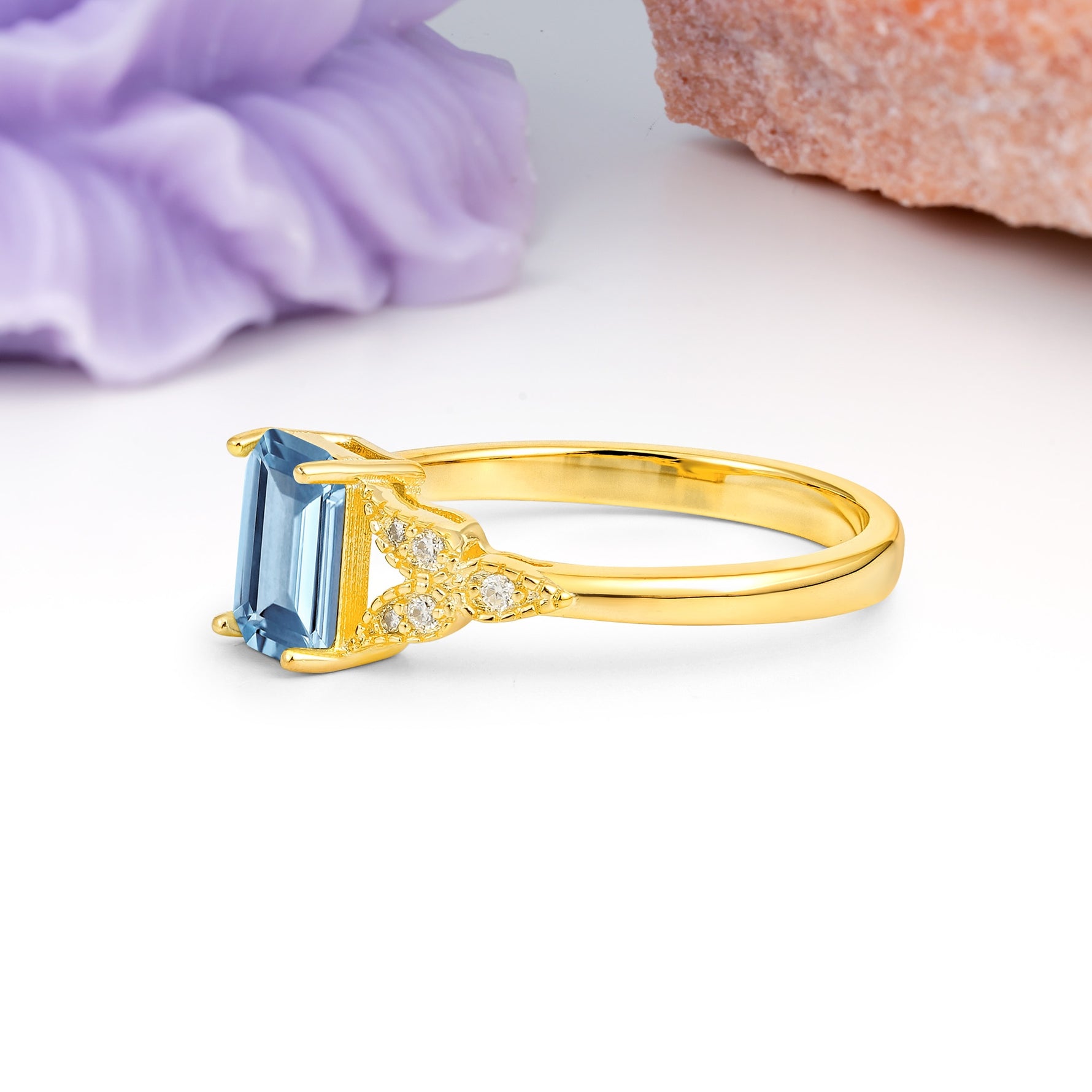 Classic Luxury 4 Prong Emerald Cut Aquamarine Wedding Ring - Additional view