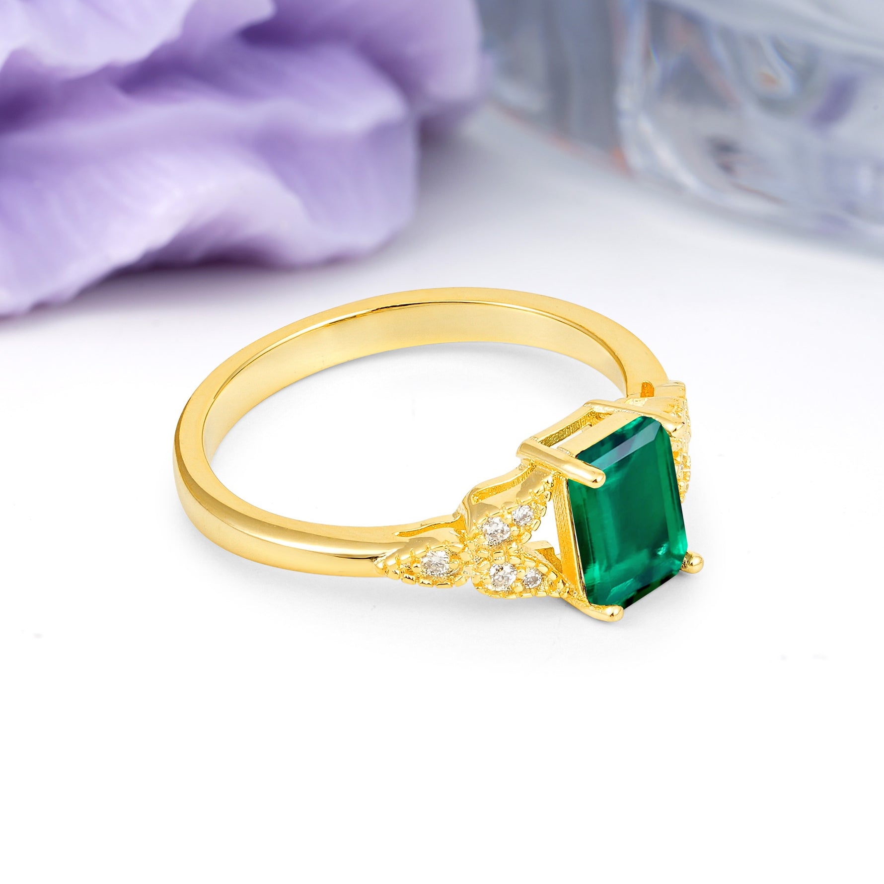 Classic Luxury 4 Prong Emerald Cut Emerald Wedding Ring - Additional view