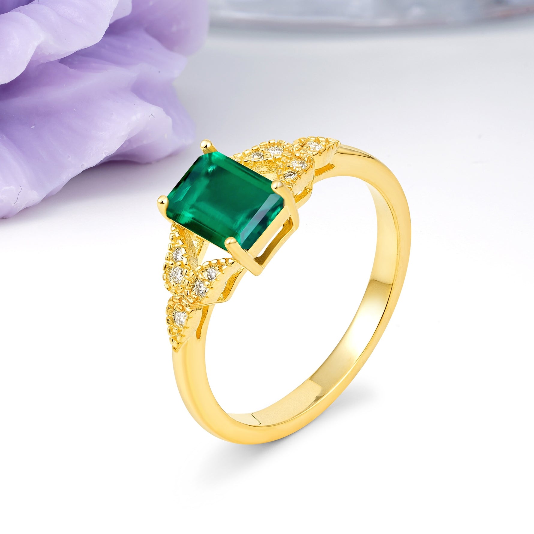 Classic Luxury 4 Prong Emerald Cut Emerald Wedding Ring - Additional view