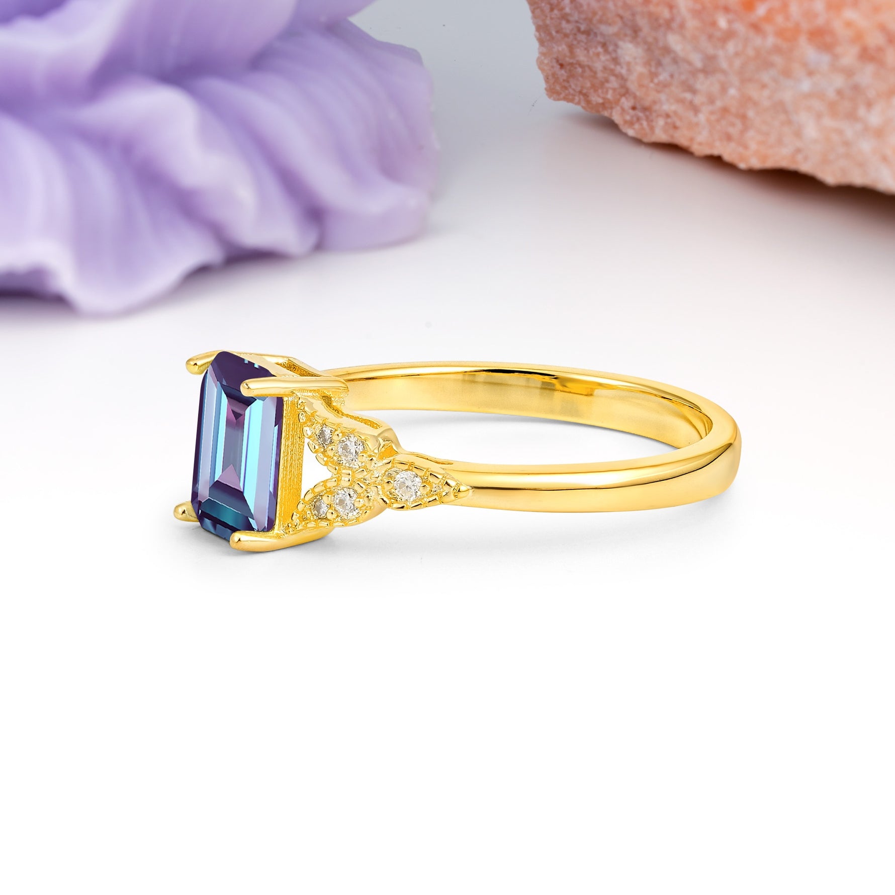 Classic Luxury 4 Prong Emerald Cut Alexandrite Wedding Ring - Additional view