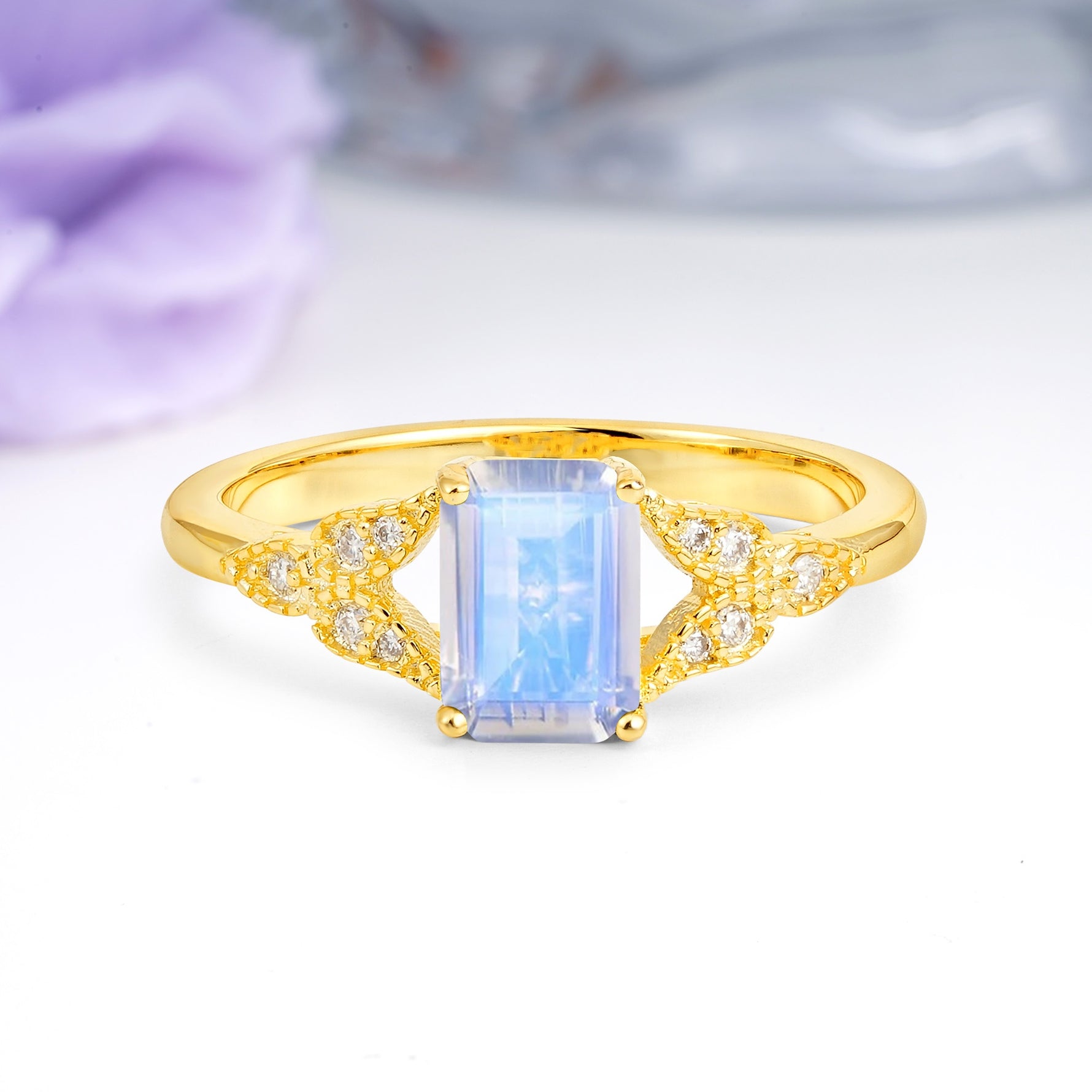 Classic Luxury 4 Prong Emerald Cut Moonstone Wedding Ring - Additional view