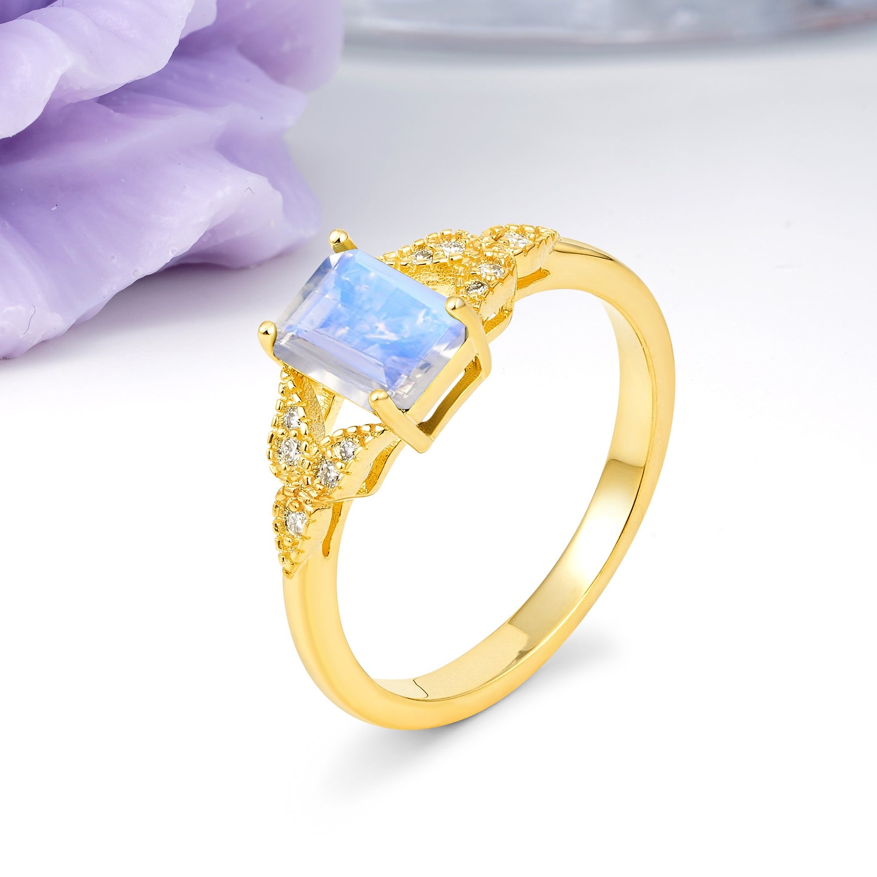 Classic Luxury 4 Prong Emerald Cut Moonstone Wedding Ring - Additional view