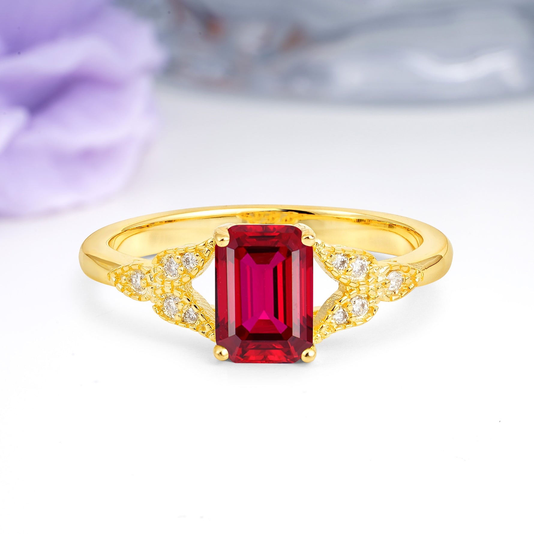 Classic Luxury 4 Prong Emerald Cut Ruby Wedding Ring - Additional view