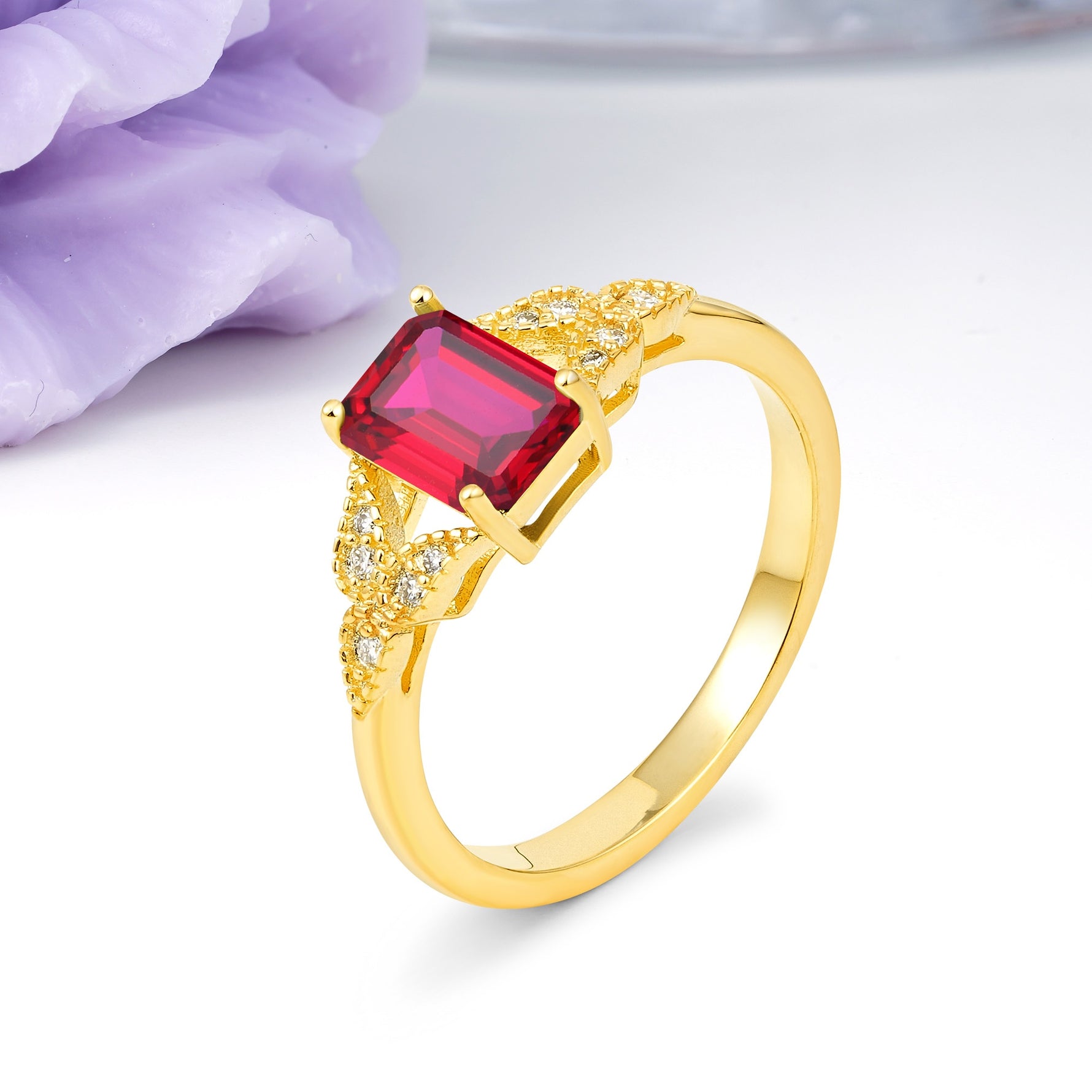 Classic Luxury 4 Prong Emerald Cut Ruby Wedding Ring - Additional view