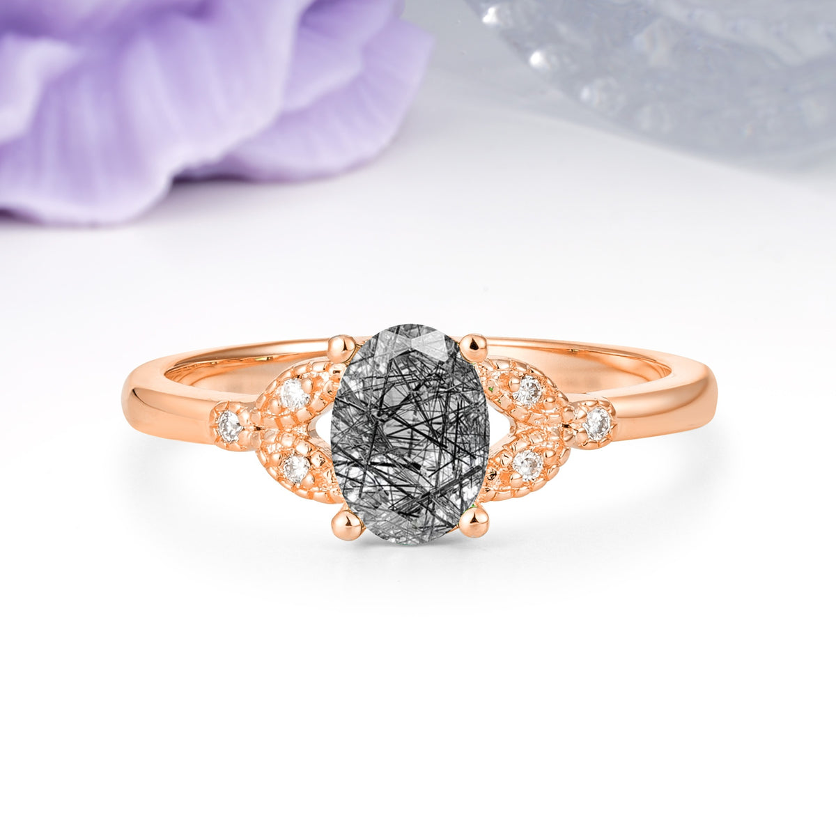 Luxurious 4-Prong Oval Cut Black Rutilated Quartz Engagement Ring - Additional view
