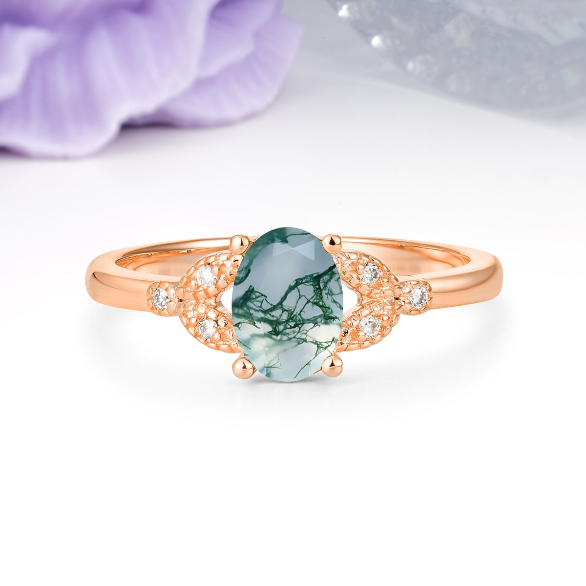 Luxurious 4-Prong Oval Cut Moss Agate Engagement Ring - Additional view