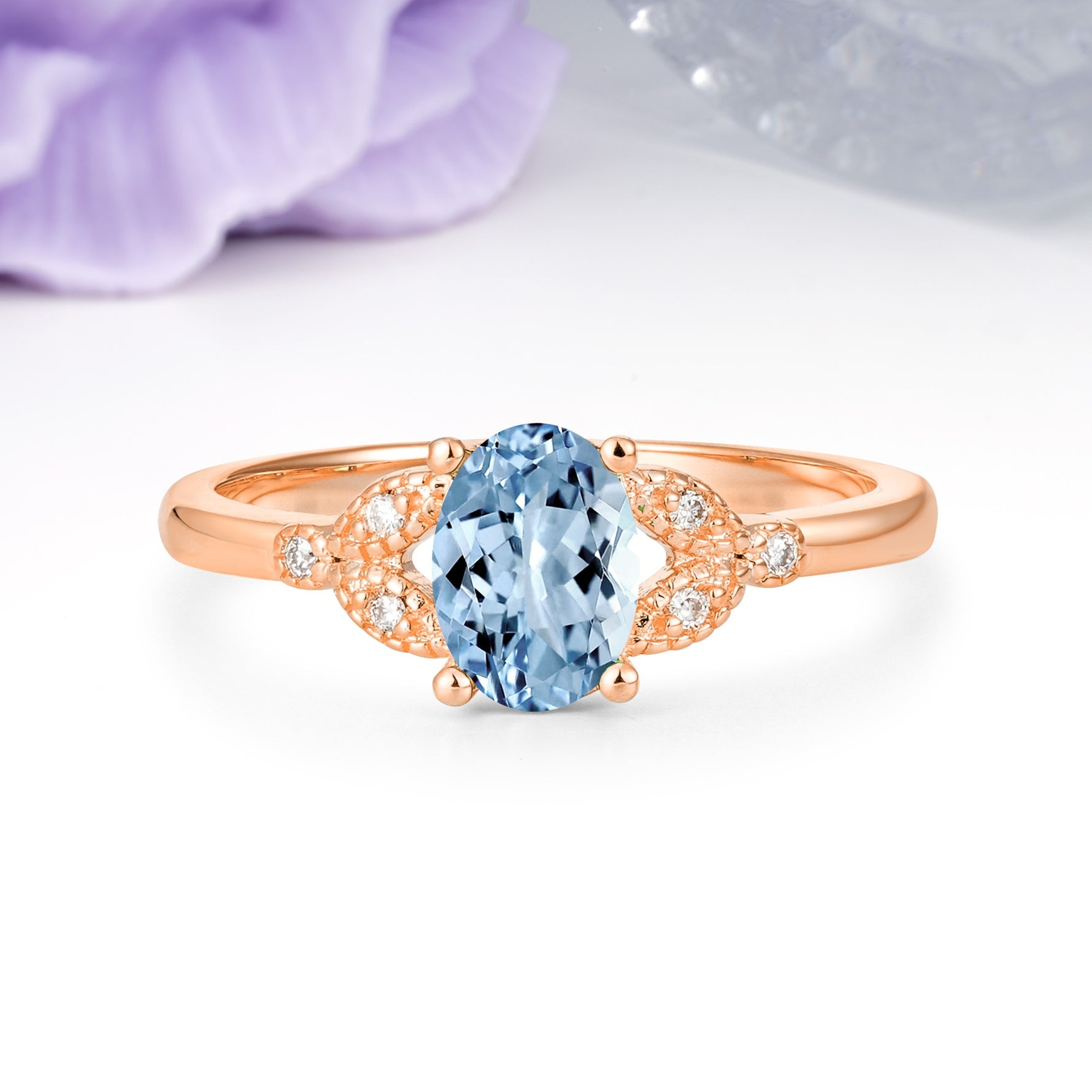 Luxurious 4-Prong Oval Cut Aquamarine Engagement Ring - Additional view