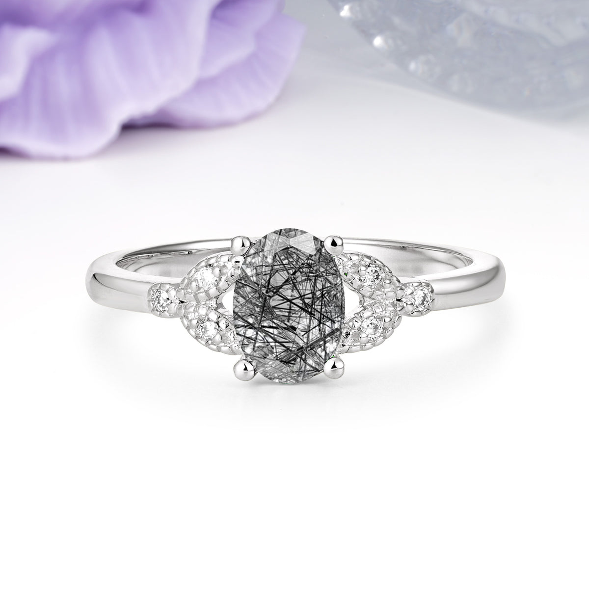 Luxurious 4-Prong Oval Cut Black Rutilated Quartz Engagement Ring - Additional view