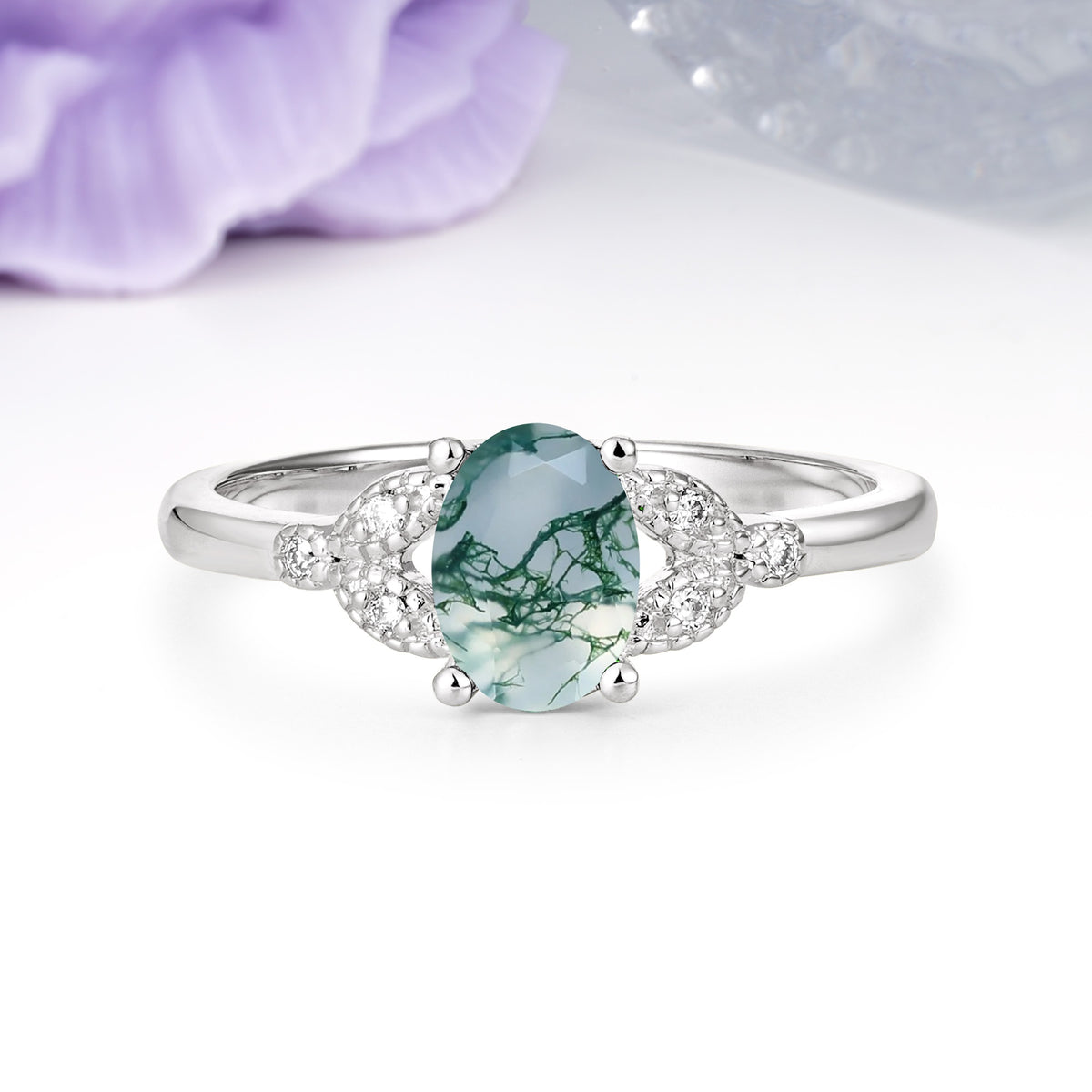 Luxurious 4-Prong Oval Cut Moss Agate Engagement Ring - Additional view