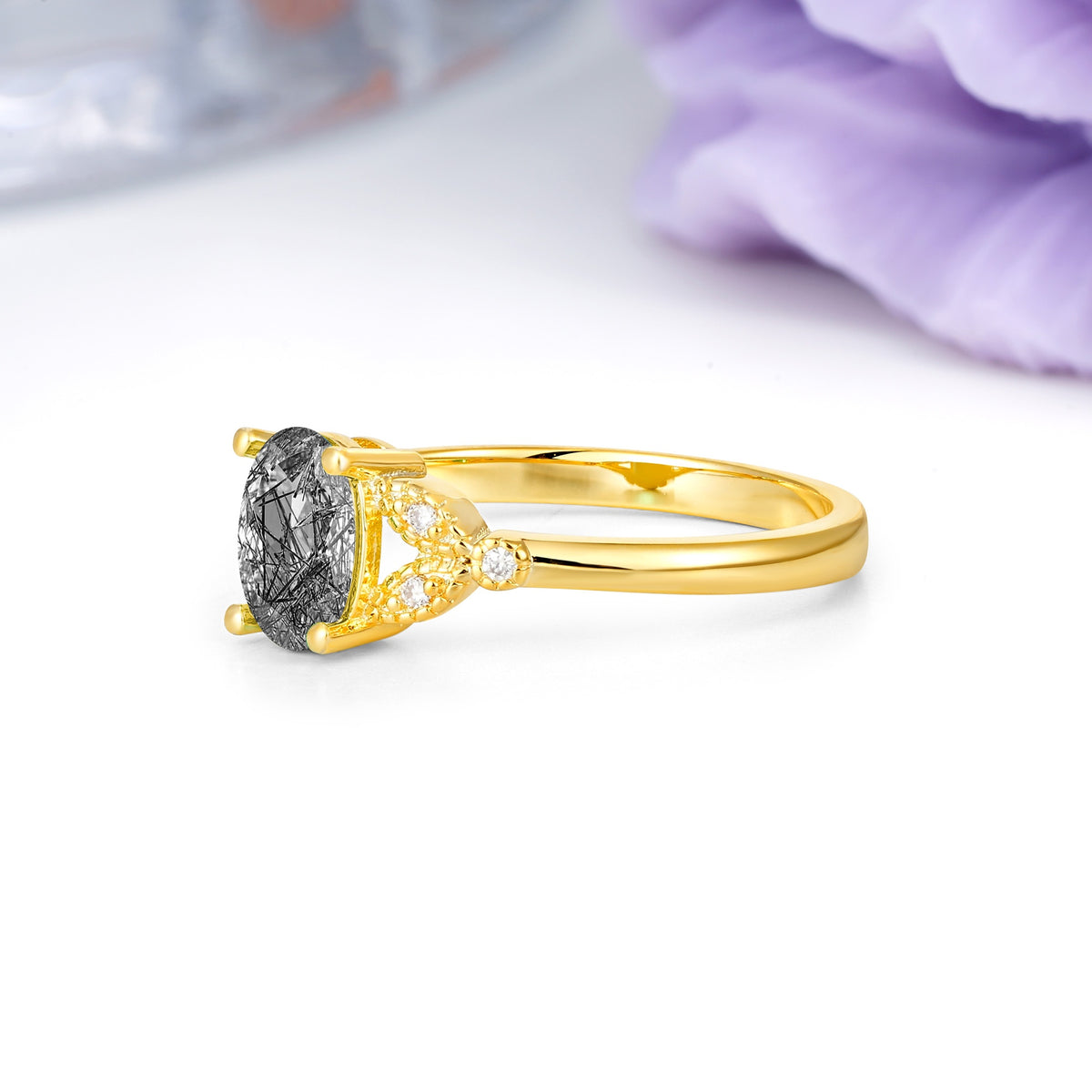 Luxurious 4-Prong Oval Cut Black Rutilated Quartz Engagement Ring - Additional view