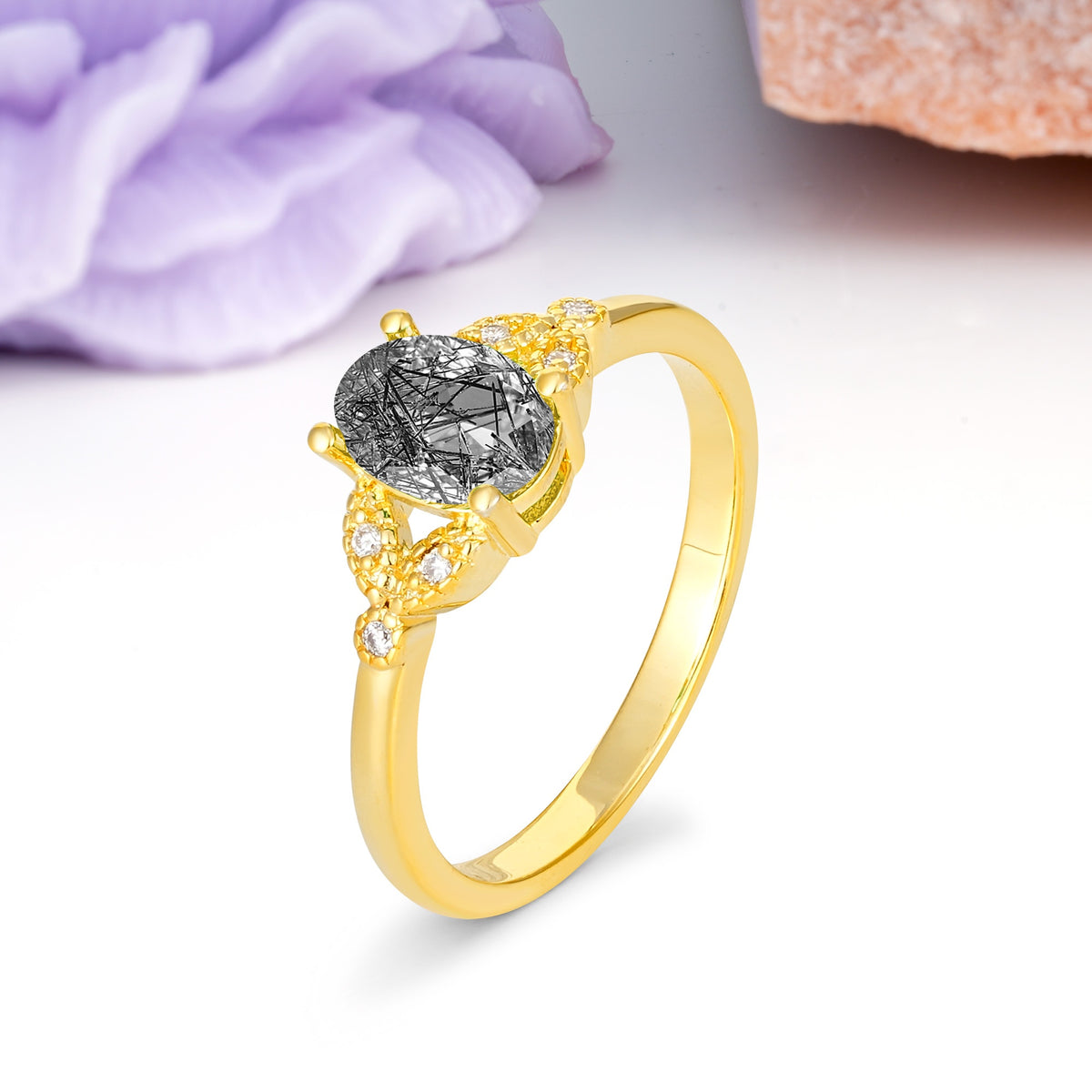 Luxurious 4-Prong Oval Cut Black Rutilated Quartz Engagement Ring - Additional view