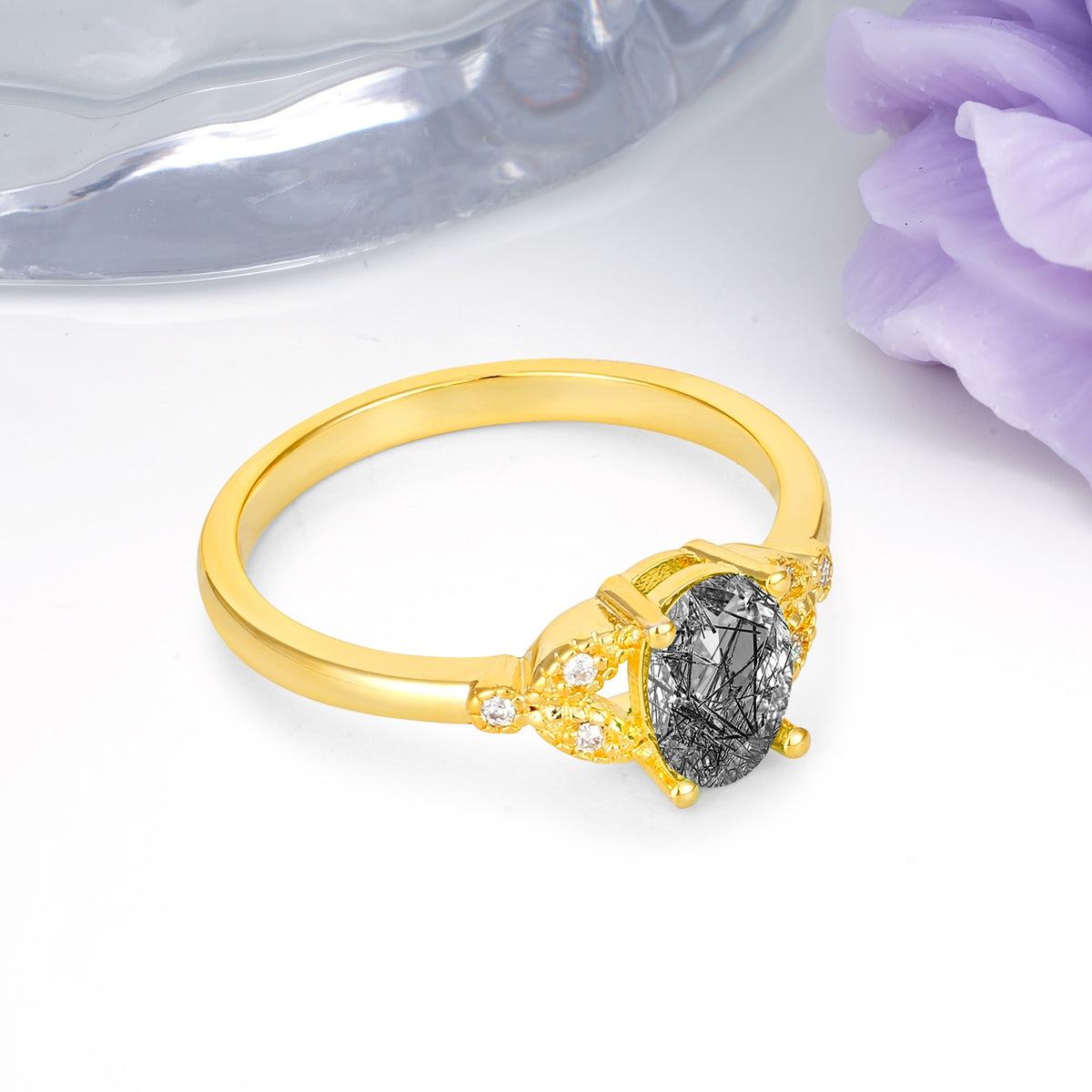 Luxurious 4-Prong Oval Cut Black Rutilated Quartz Engagement Ring - Additional view