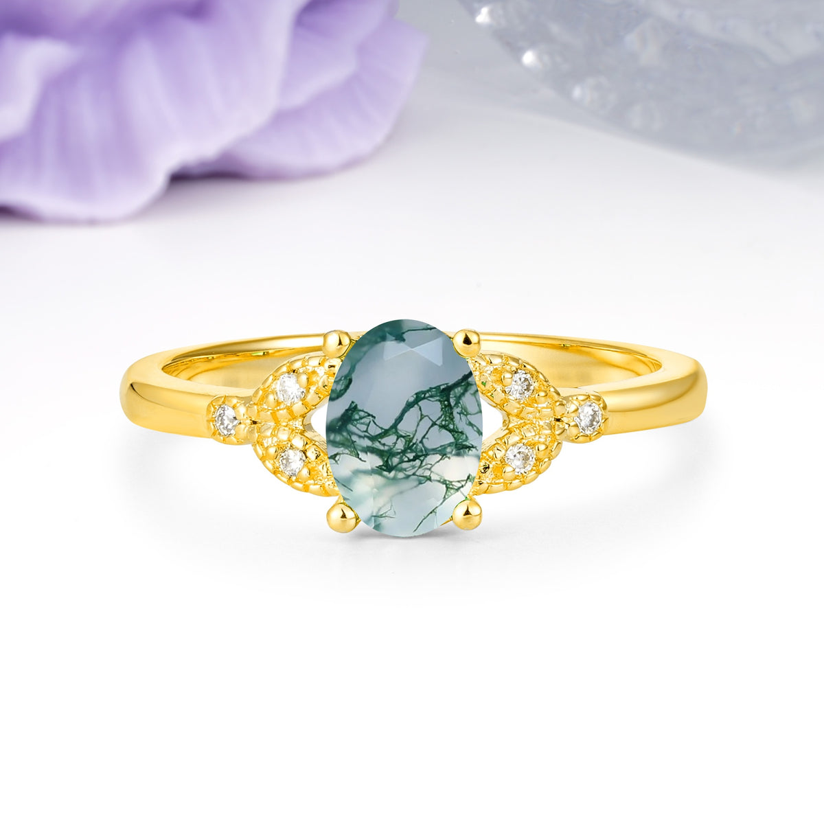 Luxurious 4-Prong Oval Cut Moss Agate Engagement Ring - Additional view