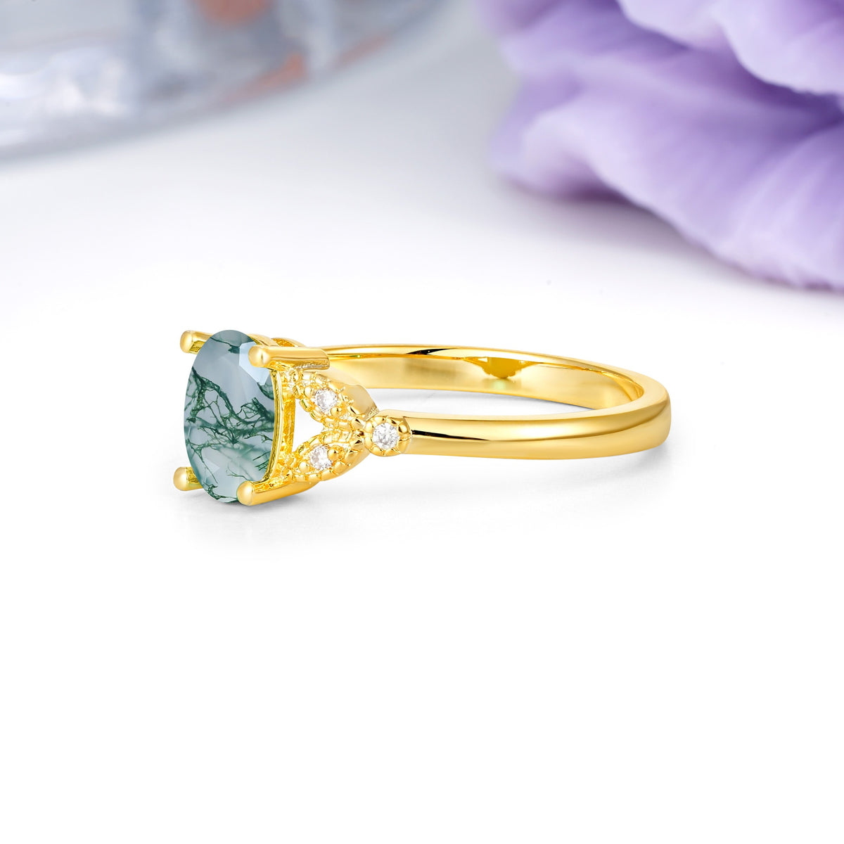 Luxurious 4-Prong Oval Cut Moss Agate Engagement Ring - Additional view