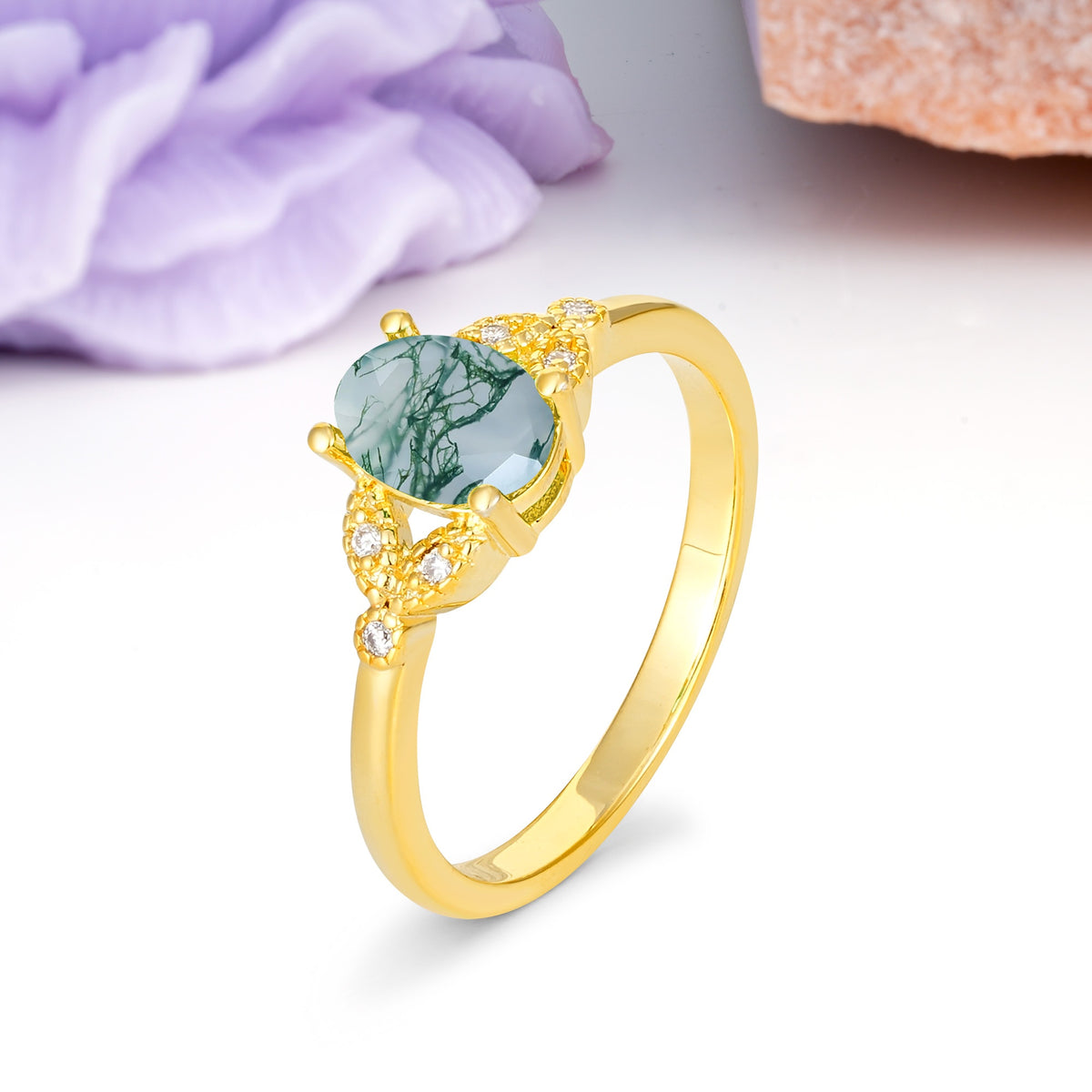 Luxurious 4-Prong Oval Cut Moss Agate Engagement Ring - Additional view