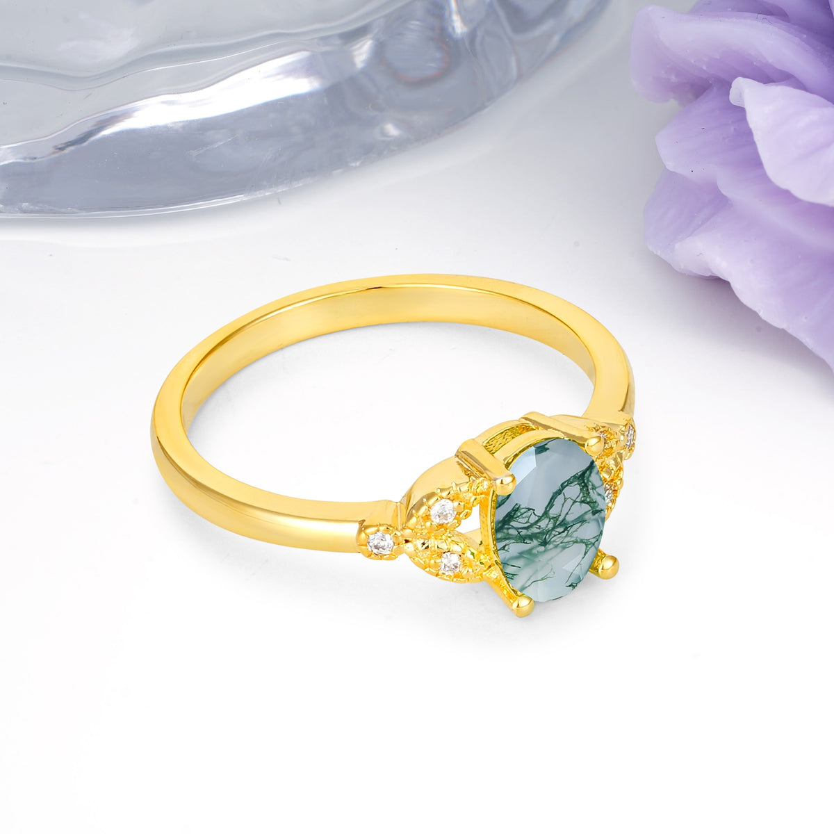 Luxurious 4-Prong Oval Cut Moss Agate Engagement Ring - Additional view